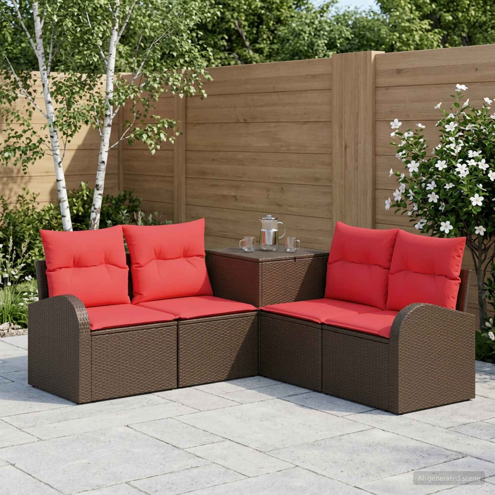 vidaXL Bankstel 5 st Bruin en Rood Poly Rattan en Staal