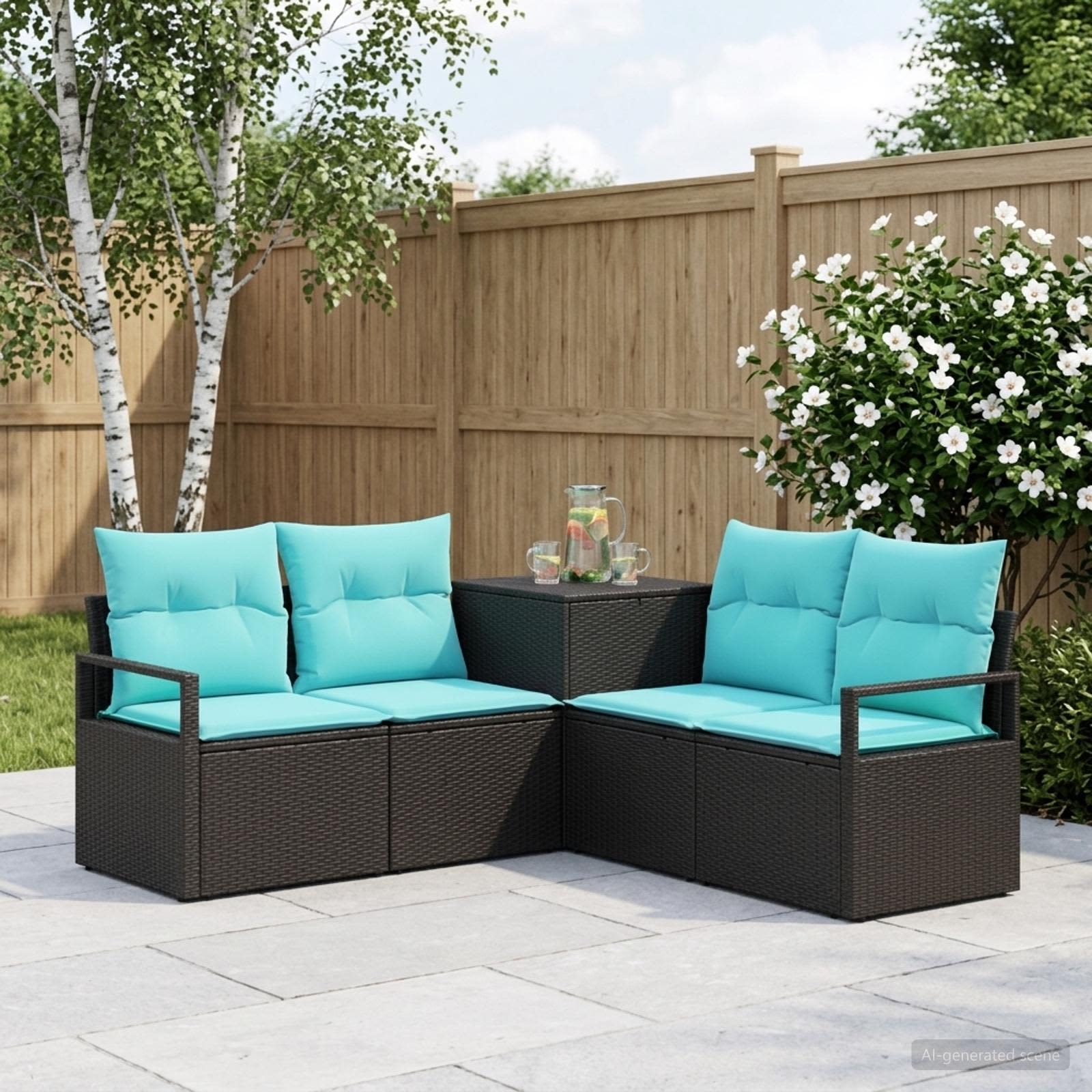 vidaXL Bankstel 5 st Zwart en Blauw Poly Rattan en Staal