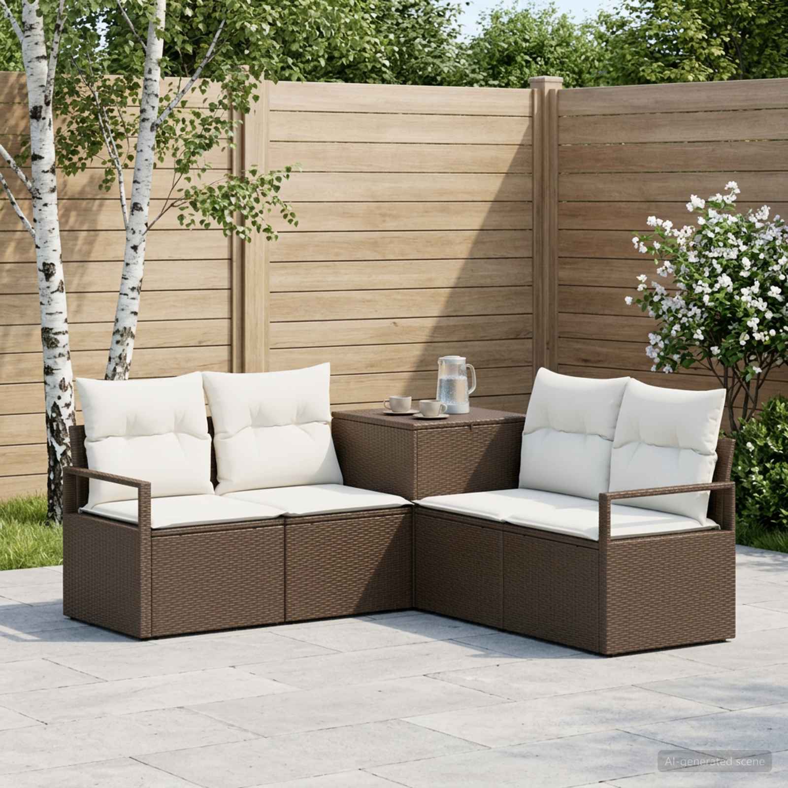 vidaXL Bankstel 5 st Bruin en Crème Wit Poly Rattan en Staal