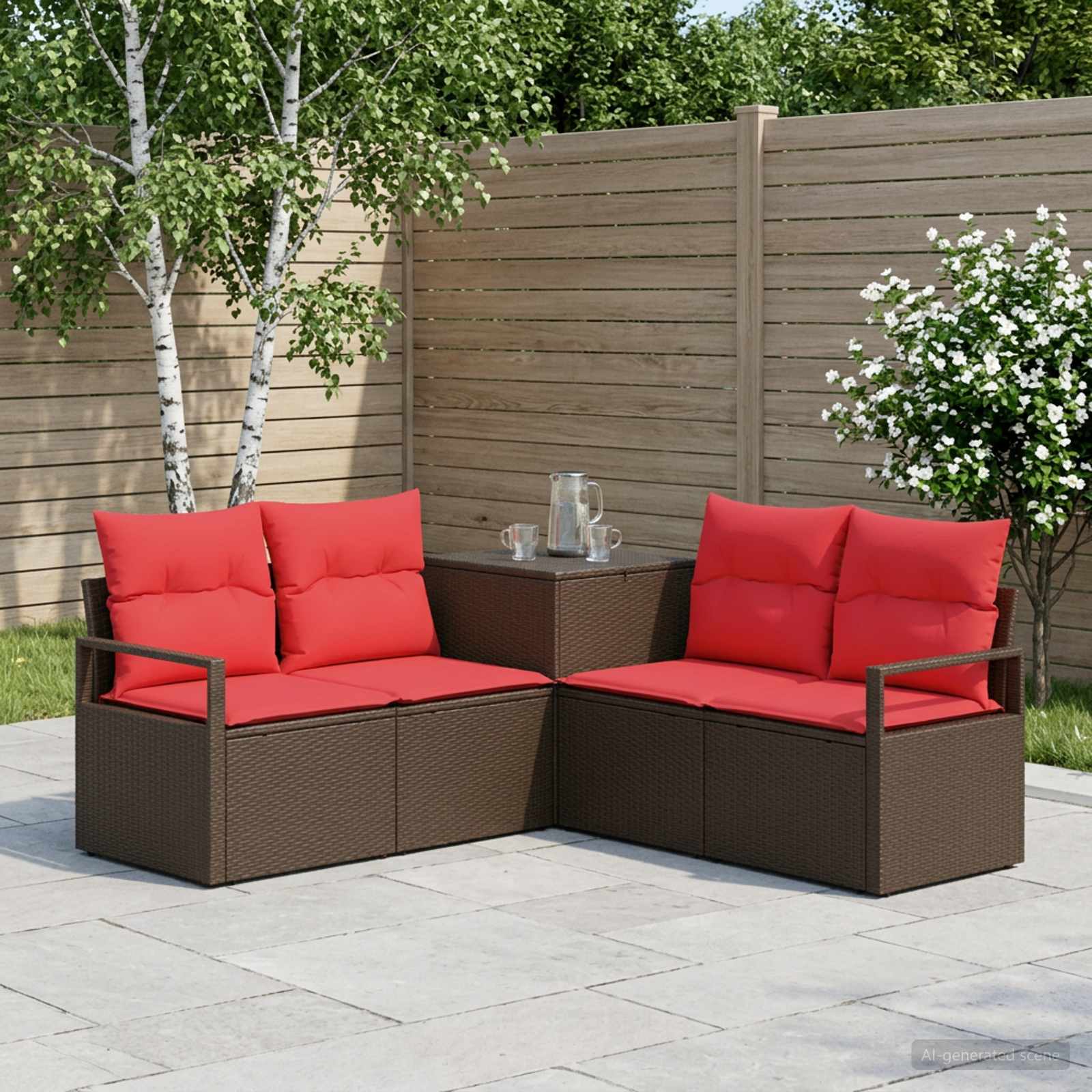 vidaXL Bankstel 5 st Bruin en Rood Poly Rattan en Staal
