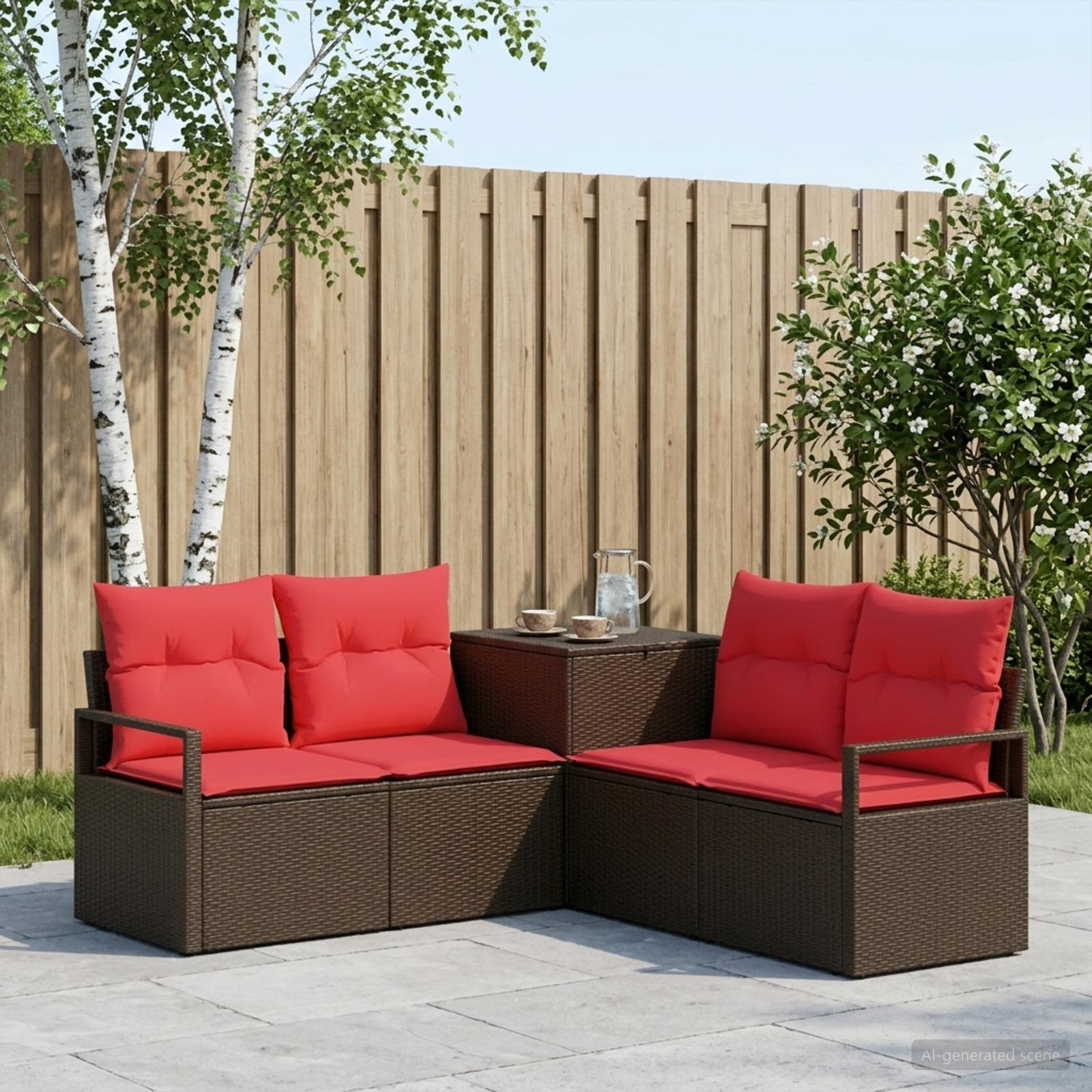 vidaXL Bankstel 5 st Bruin en Rood Poly Rattan en Staal