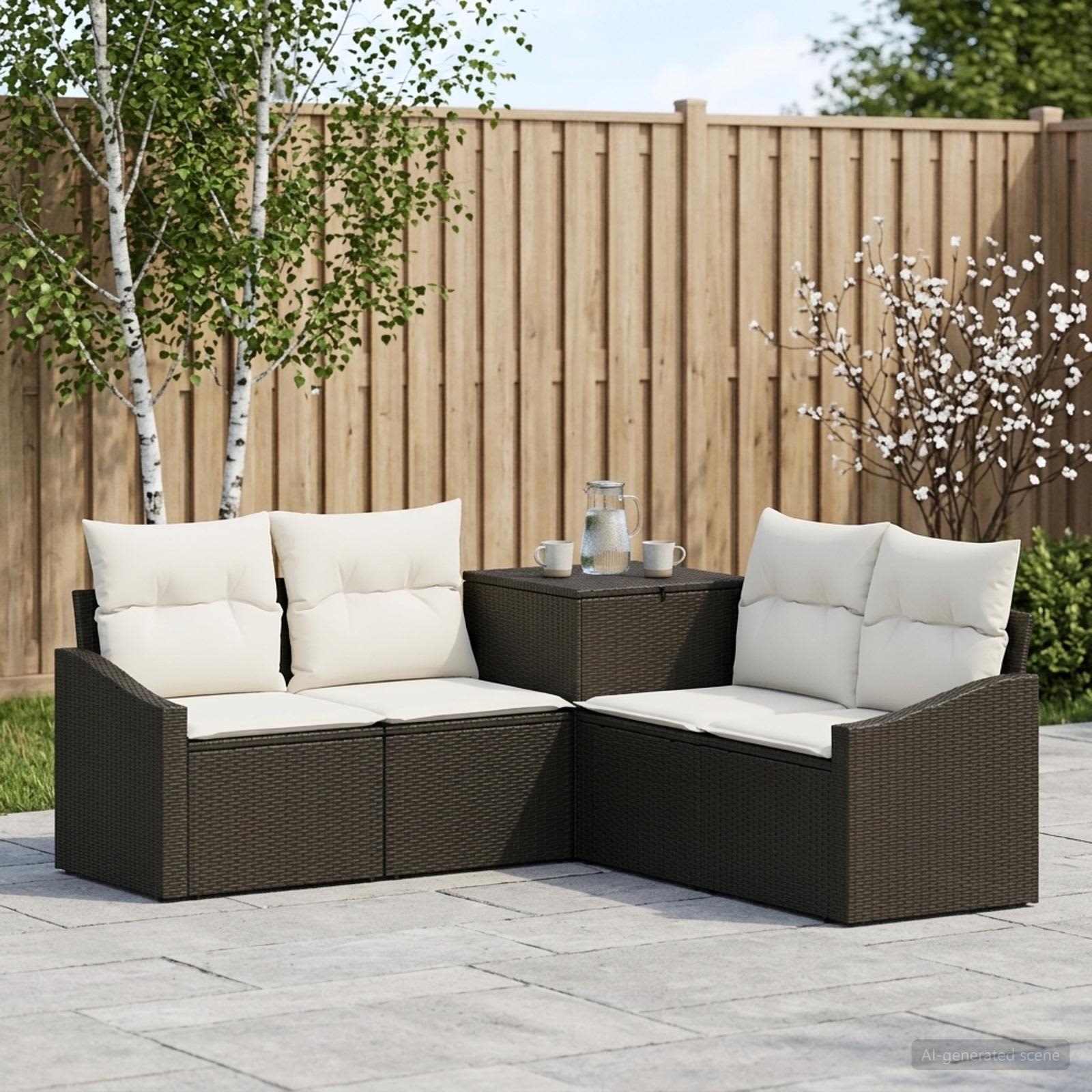 vidaXL Bankstel 5 st Zwart en Cream Wit Poly Rattan en Staal