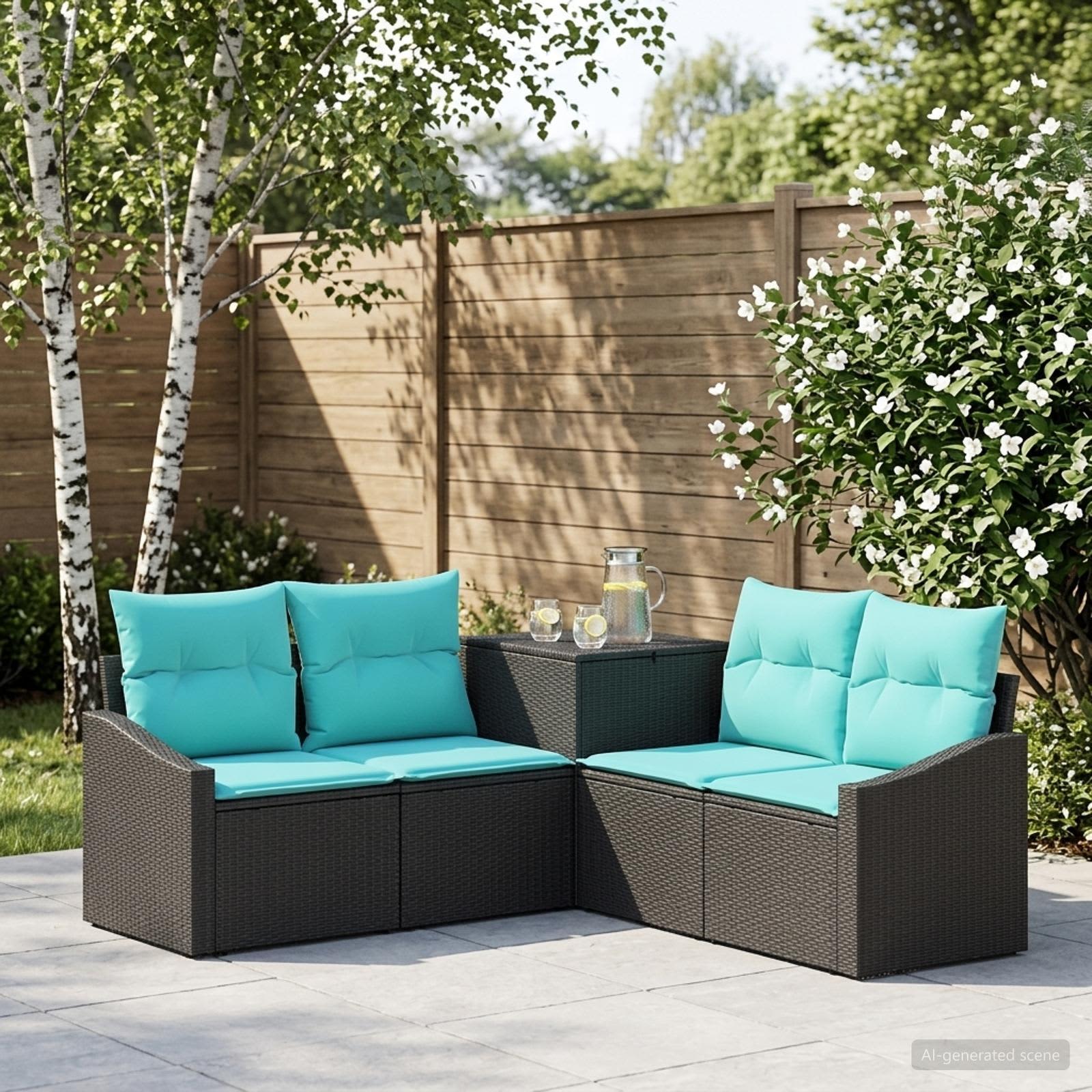 vidaXL Bankstel 5 st Zwart en Blauw Poly Rattan en Staal