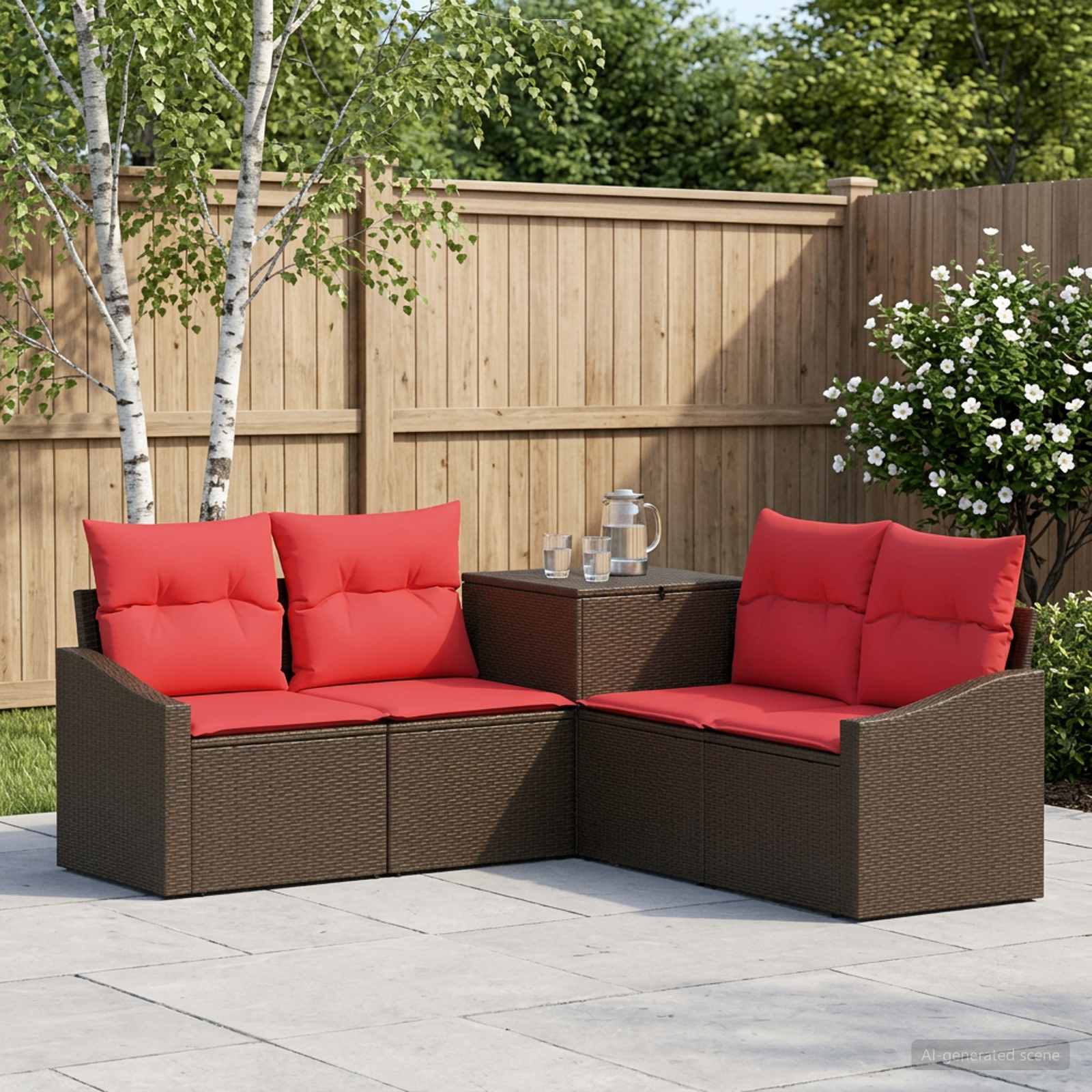 vidaXL Bankstel 5 st Bruin en Rood Poly Rattan en Staal