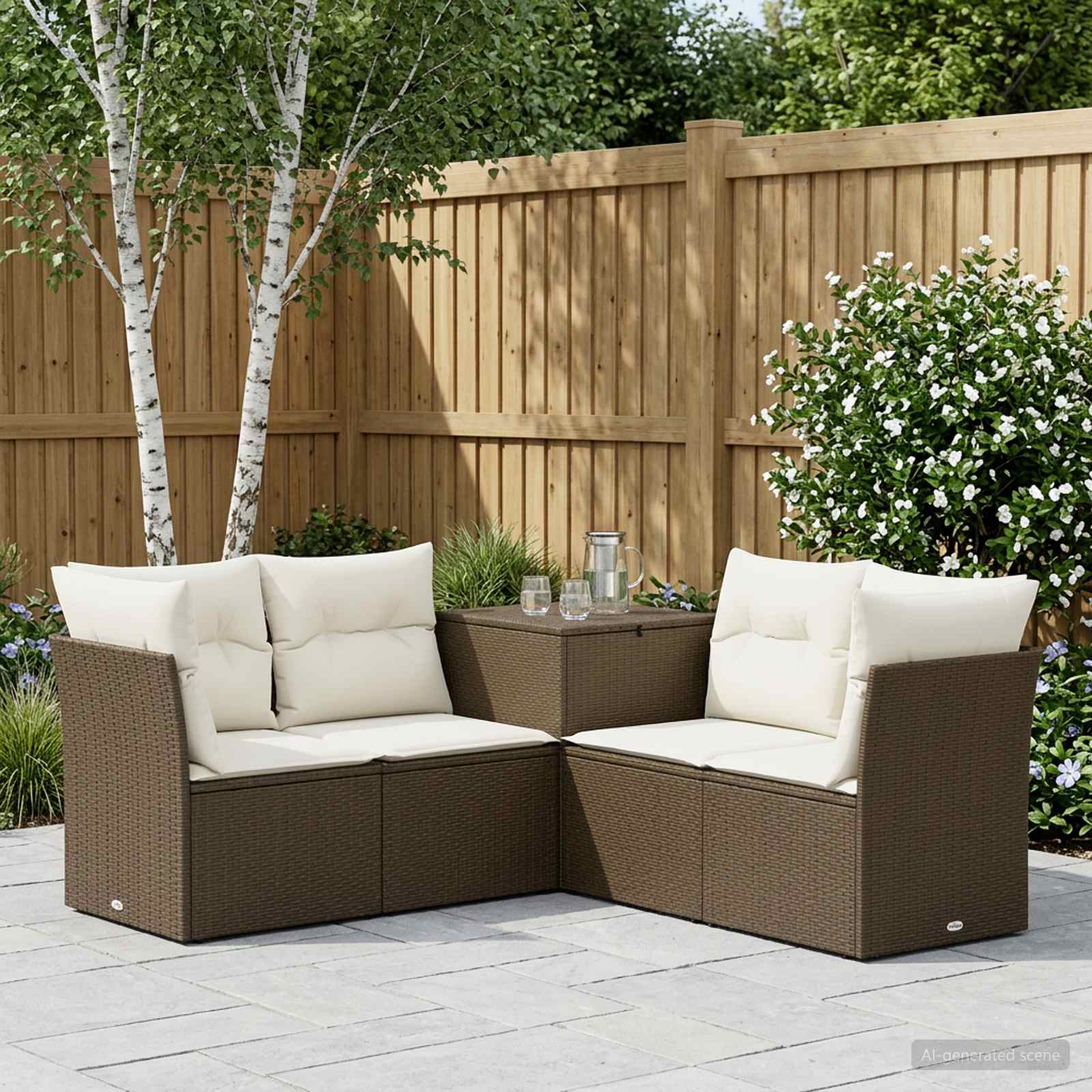 vidaXL Bankstel 5 st Bruin en Crème Wit Poly Rattan en Staal