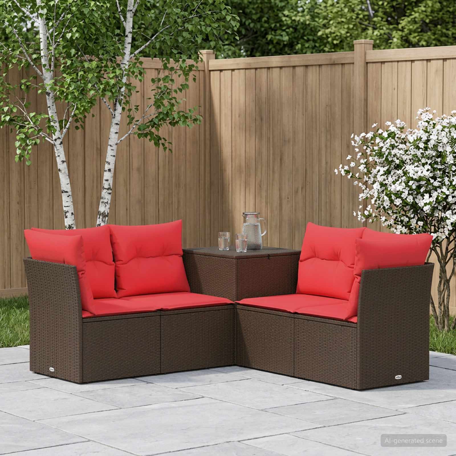 vidaXL Bankstel 5 st Bruin en Rood Poly Rattan en Staal