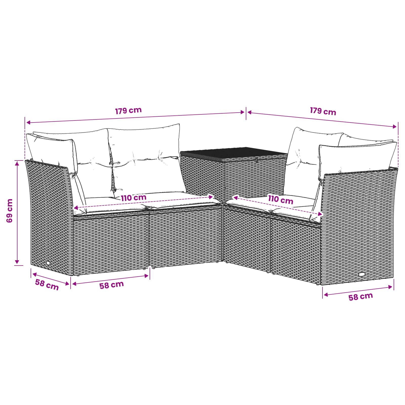 vidaXL Bankstel 5 st Bruin en Rood Poly Rattan en Staal
