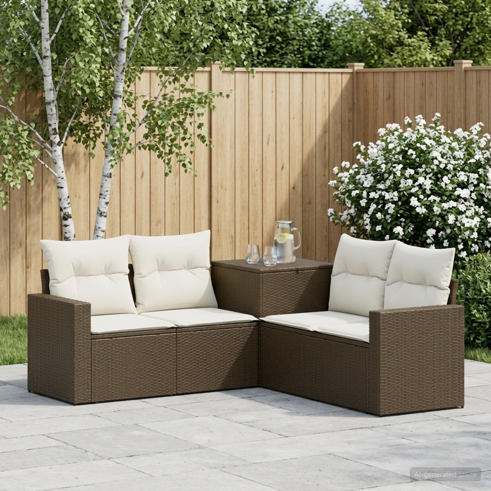 vidaXL Bankstel 5 st Bruin en Crème Wit Poly Rattan en Staal