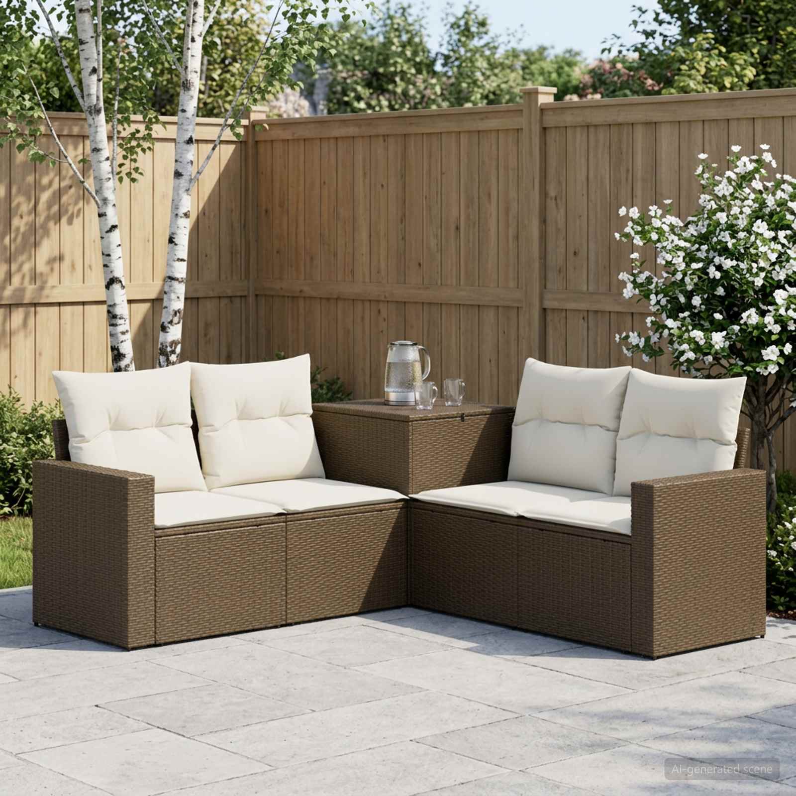 vidaXL Bankstel 5 st Bruin en Crème Wit Poly Rattan en Staal