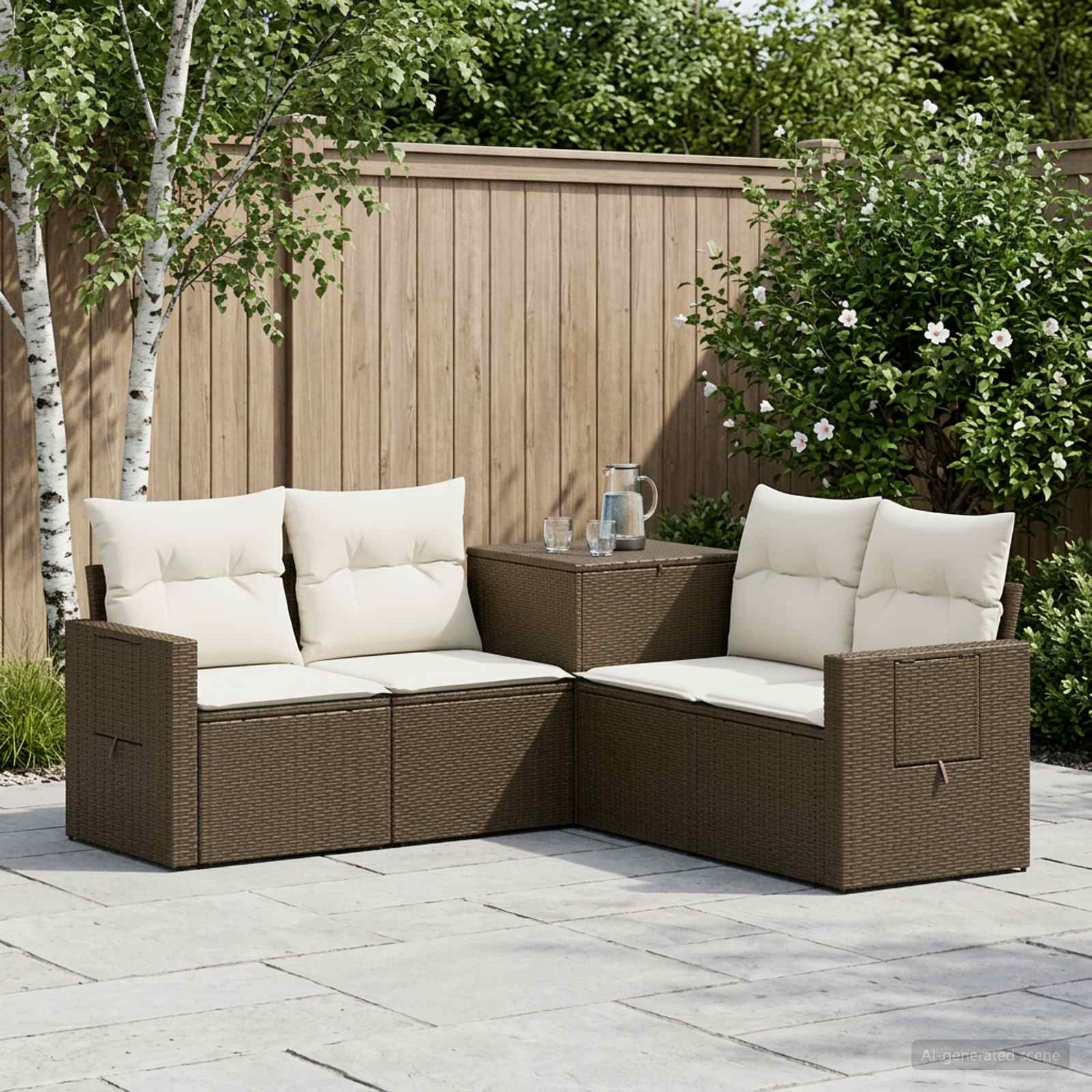 vidaXL Bankstel 5 st Bruin en Crème Wit Poly Rattan en Staal