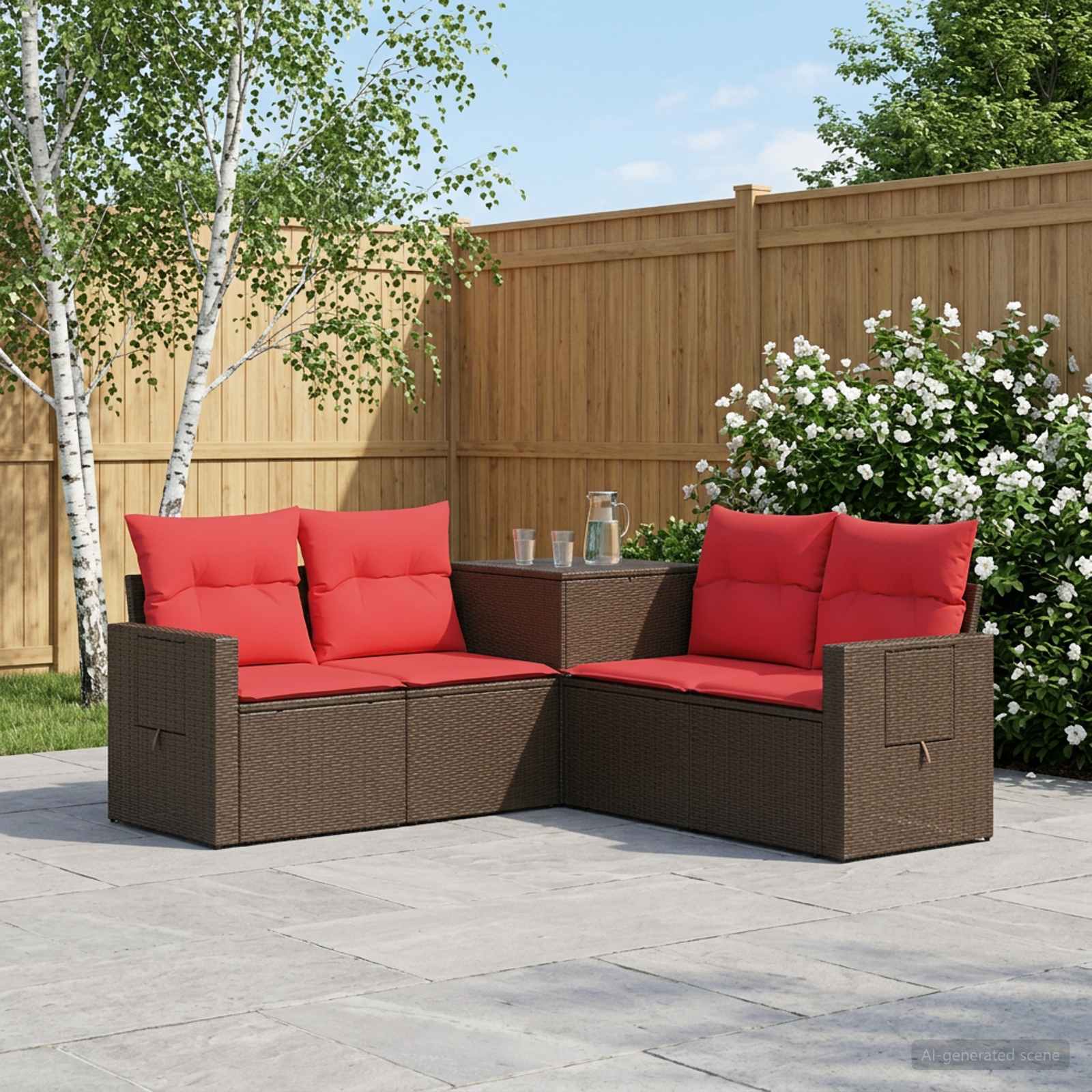 vidaXL Bankstel 5 st Bruin en Rood Poly Rattan en Staal