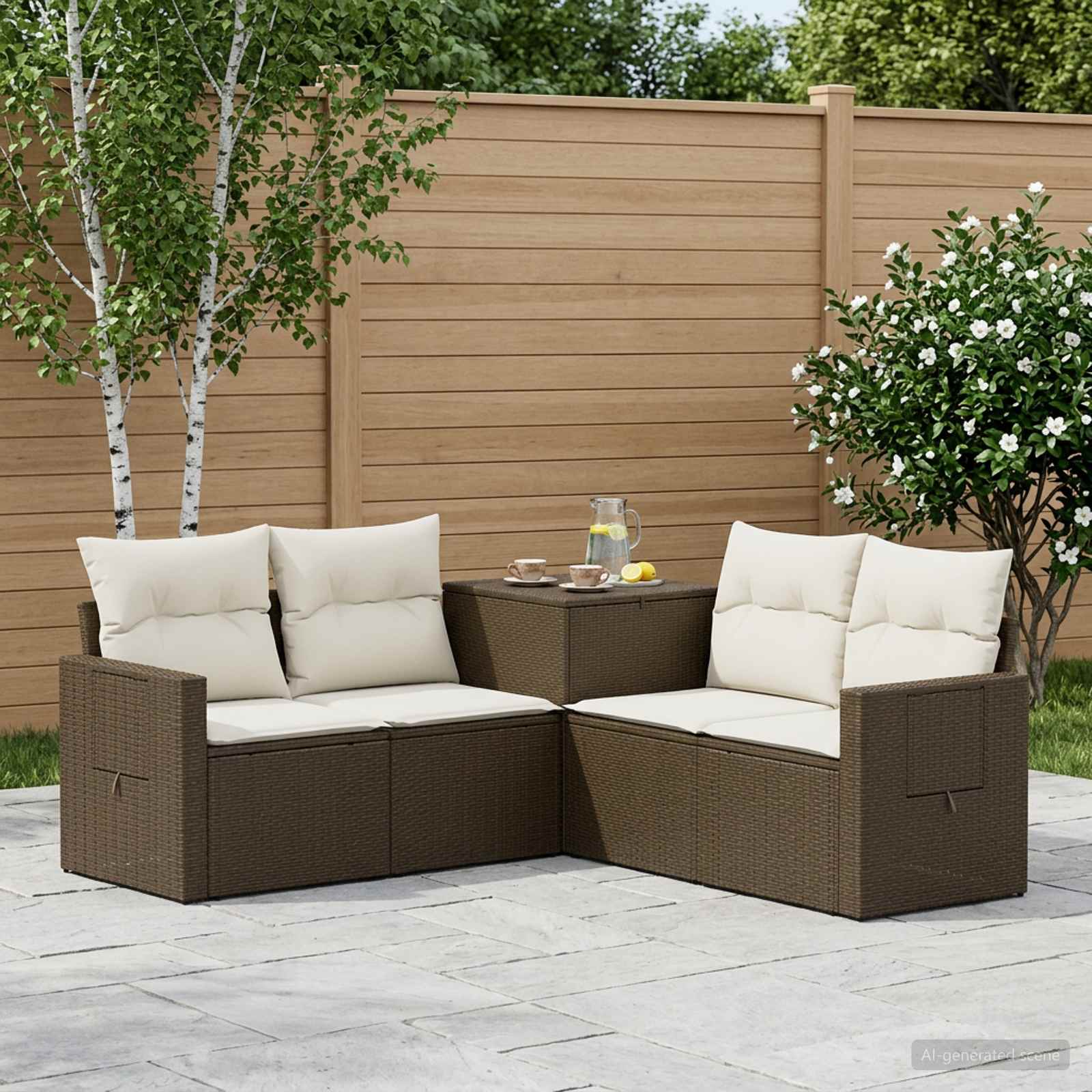 vidaXL Bankstel 5 st Bruin en Crème Wit Poly Rattan en Staal