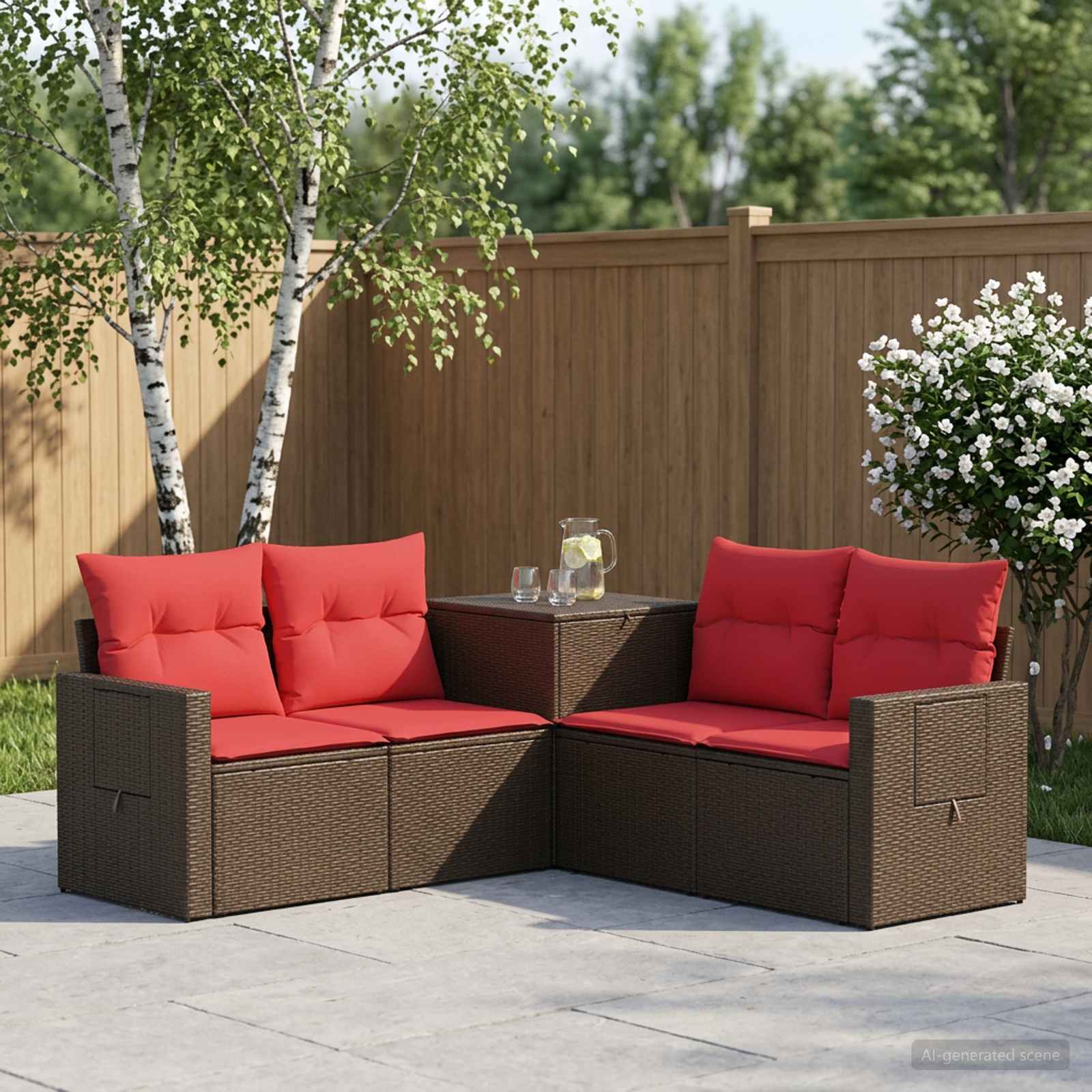 vidaXL Bankstel 5 st Bruin en Rood Poly Rattan en Staal