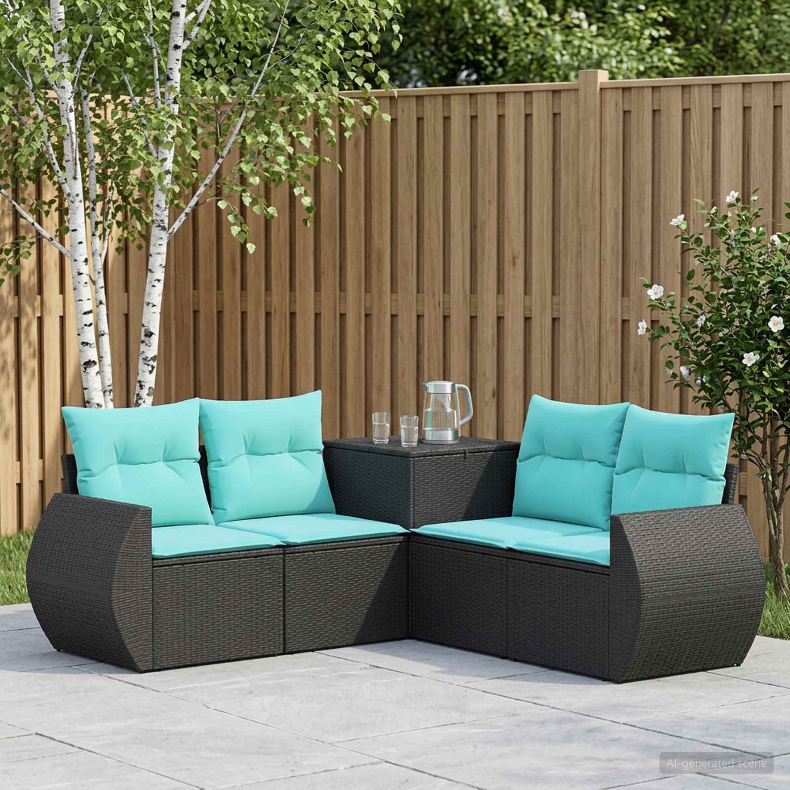 vidaXL Bankstel 5 st Zwart en Blauw Poly Rattan en Staal