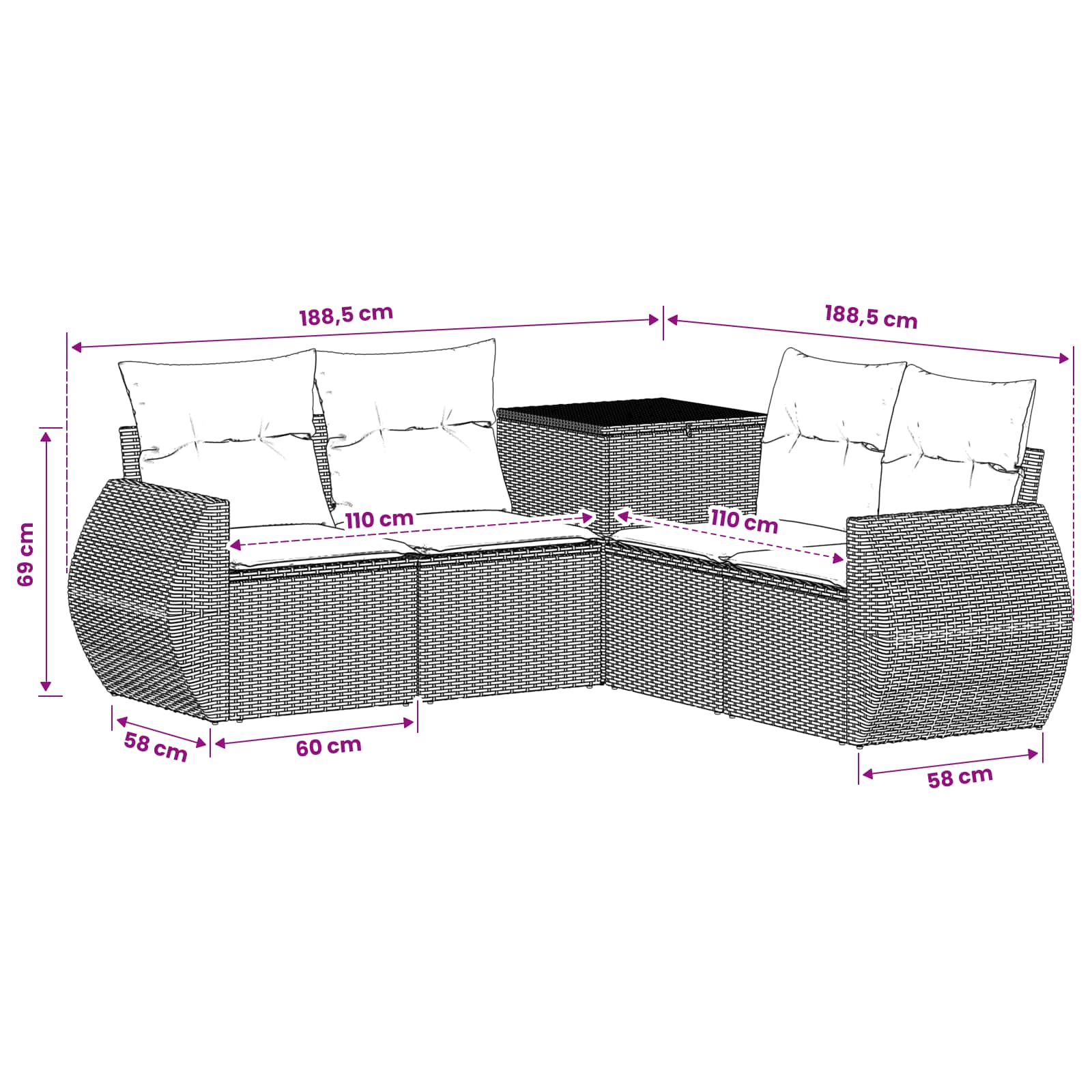 vidaXL Bankstel 5 st Zwart en Blauw Poly Rattan en Staal