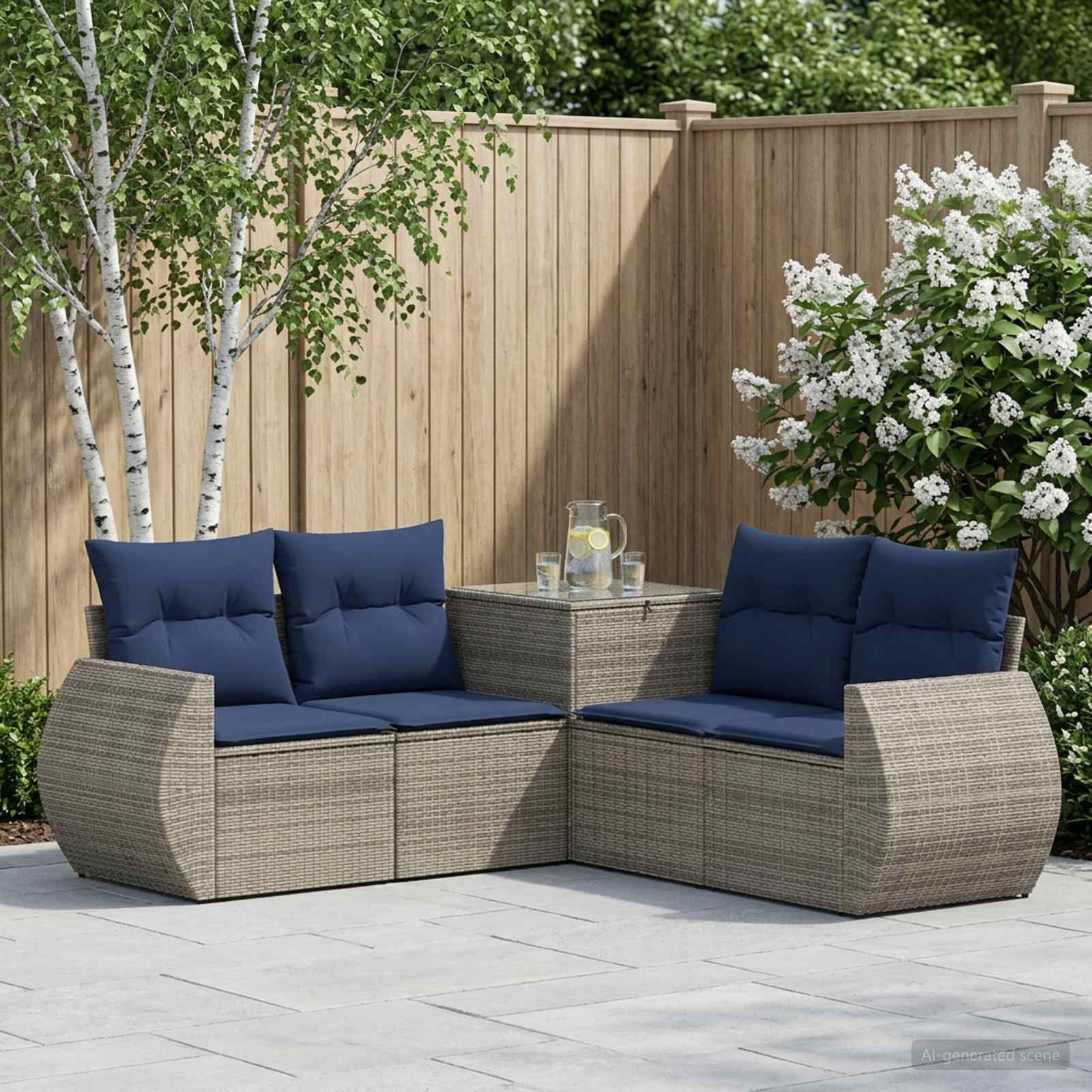 Sofa sæt 5 stk. til have og terrasse i grå og marineblå poly rattan og stål