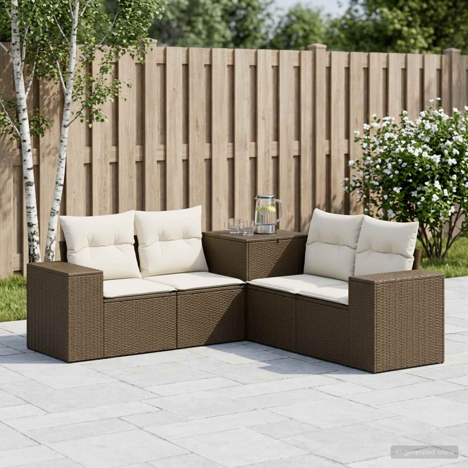 vidaXL Bankstel 5 st Bruin en Crème Wit Poly Rattan en Staal