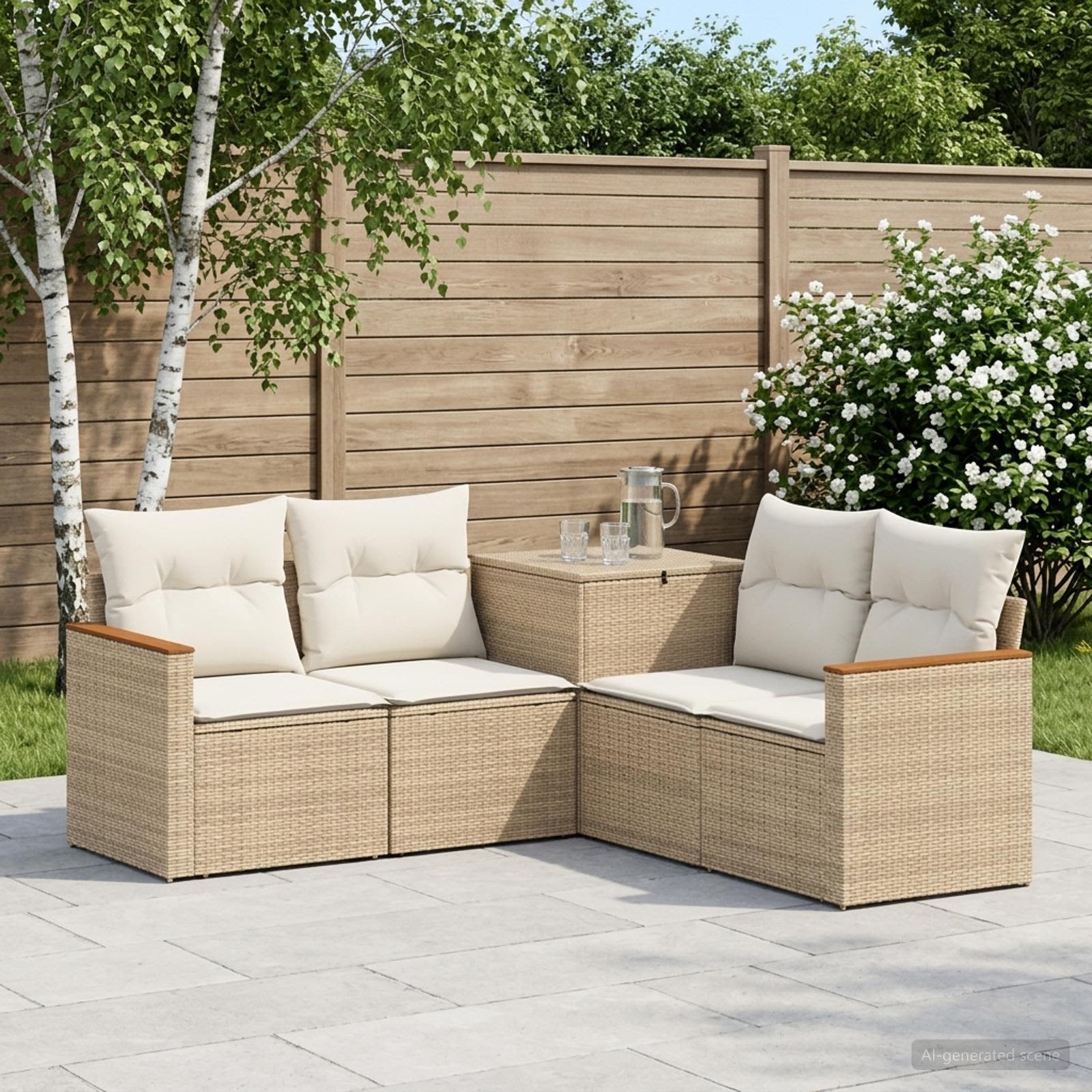 Sofa sæt 5 stk. til have og terrasse i beige og cremehvid poly rattan og stål