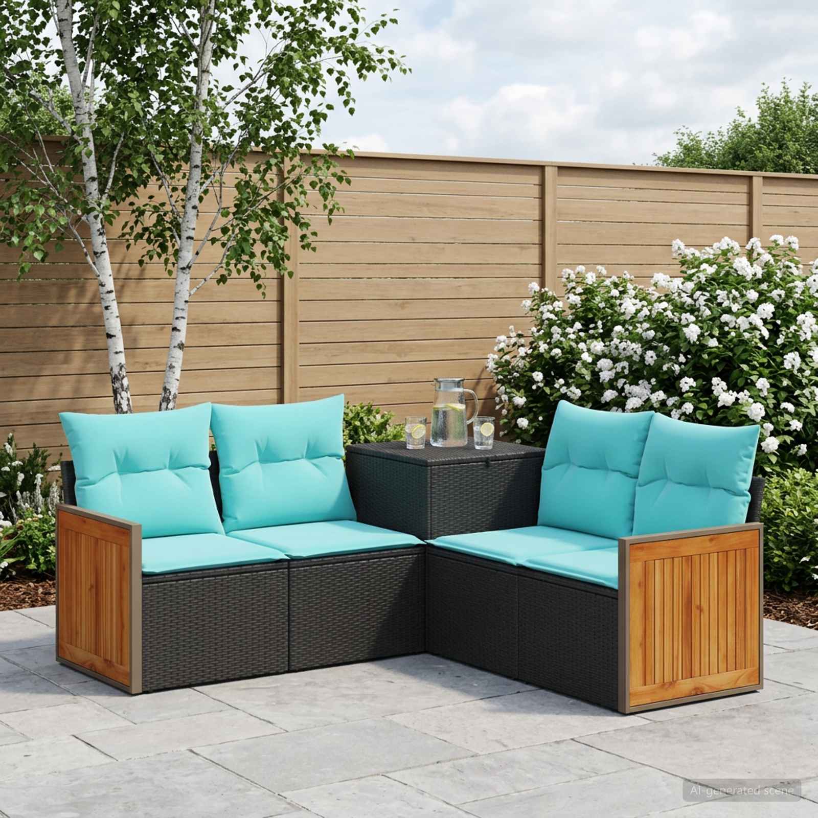 vidaXL Bankstel 5 st Zwart en Blauw Poly Rattan en Staal