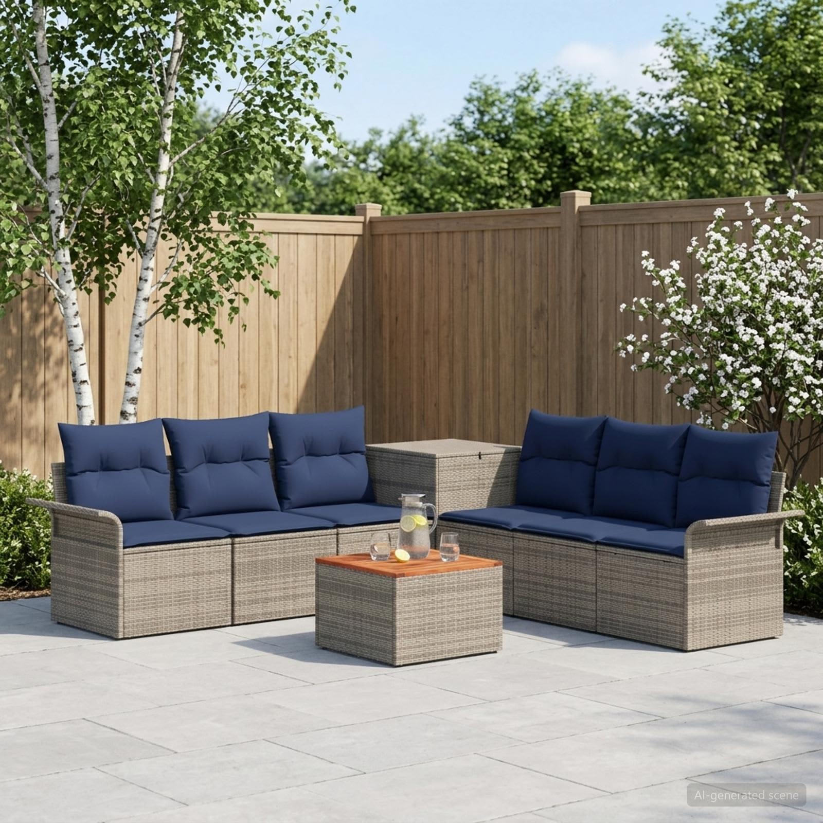 vidaXL Bankstel 8 st Grijs en Marineblauw Poly Rattan en Staal