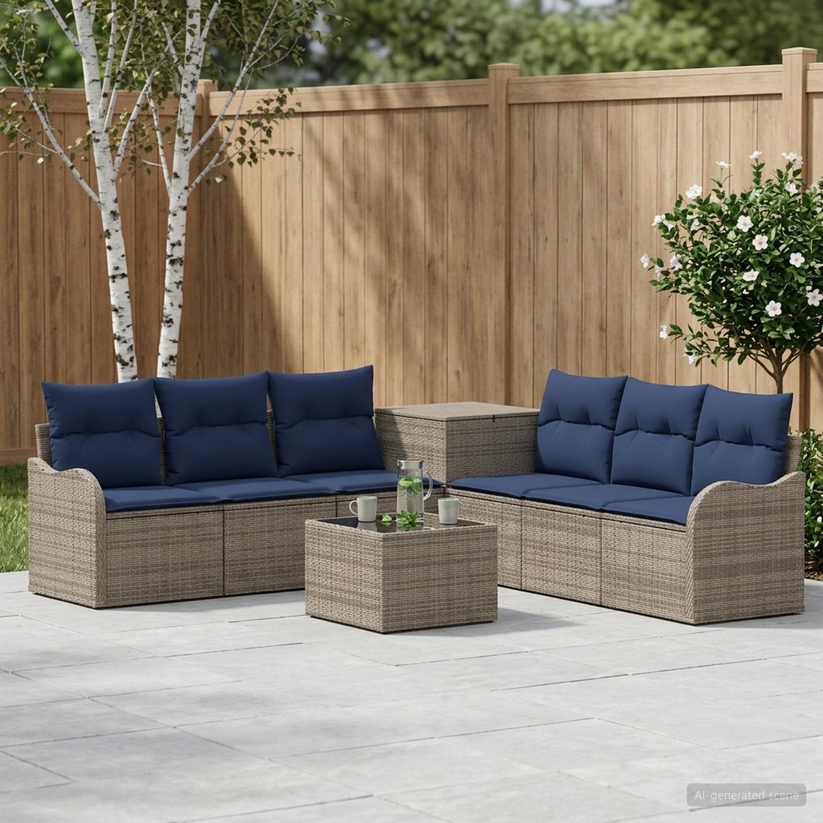 vidaXL Bankstel 8 st Grijs en Marineblauw Poly Rattan en Staal