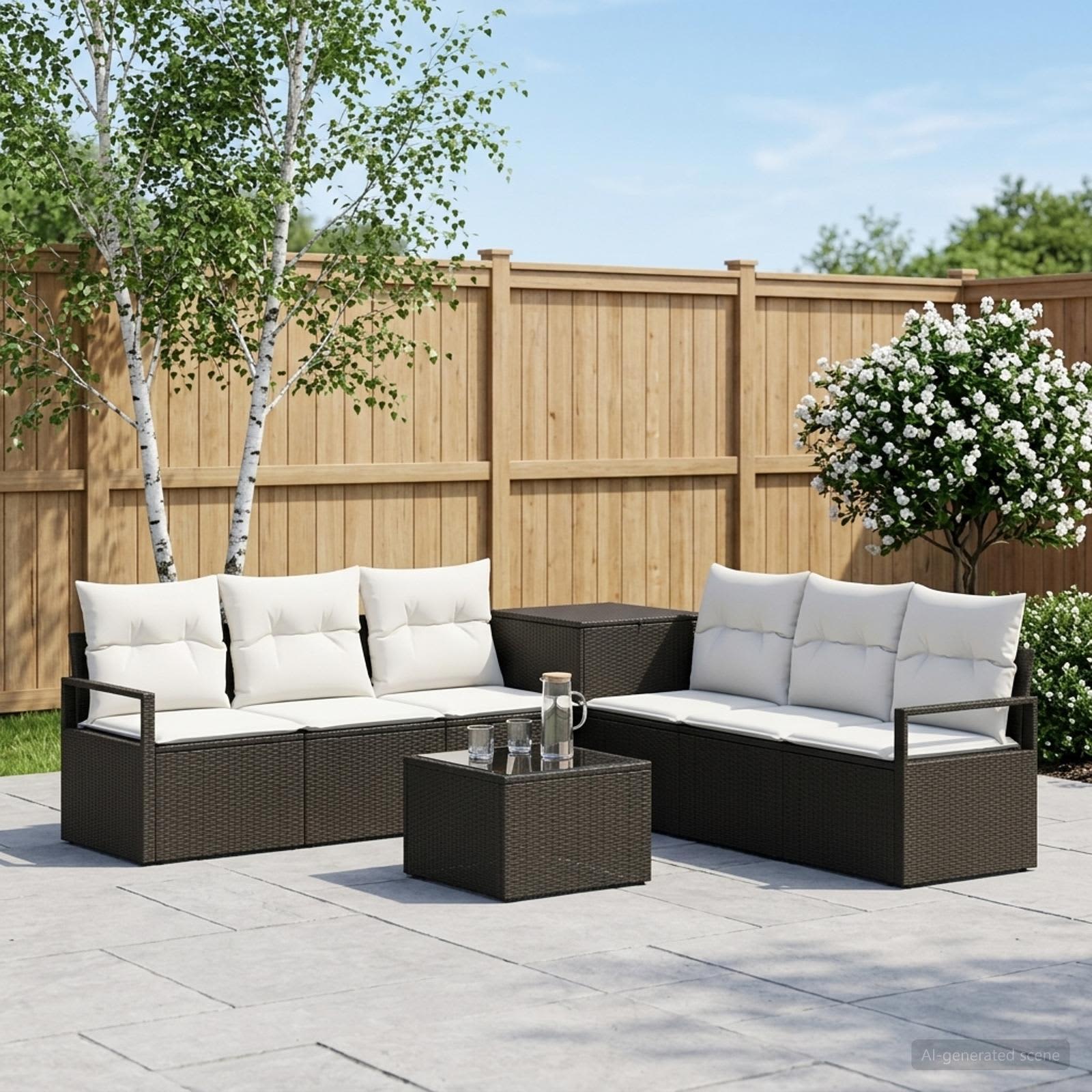 vidaXL Bankstel 8 st Zwart en Cream Wit Poly Rattan en Staal