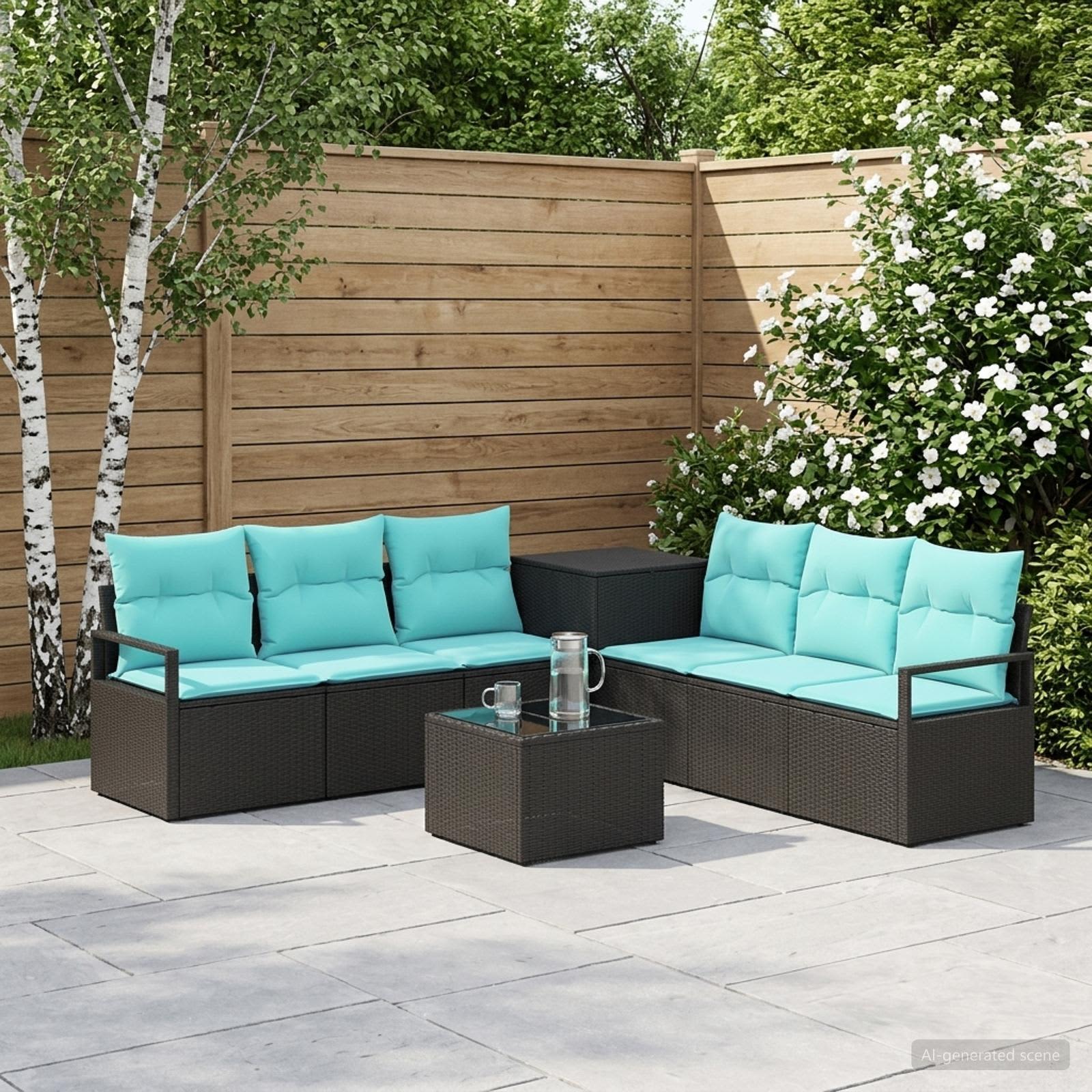 vidaXL Bankstel 8 st Zwart en Blauw Poly Rattan en Staal