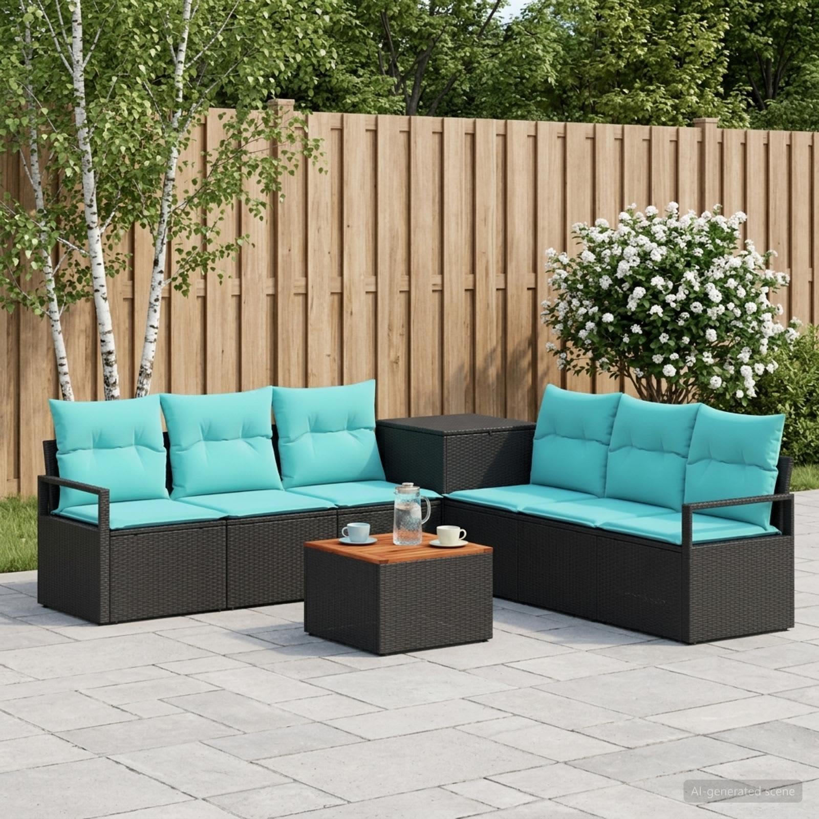 vidaXL Bankstel 8 st Zwart en Blauw Poly Rattan en Staal