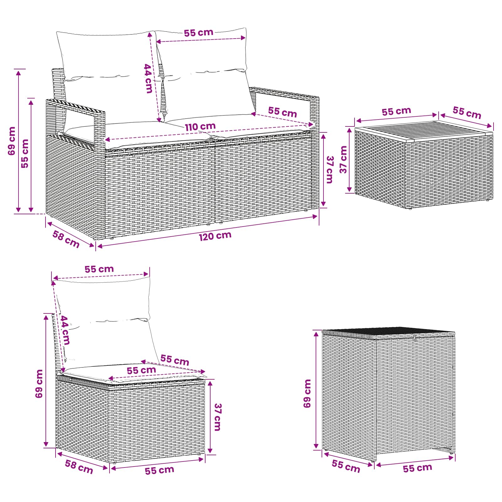 vidaXL Bankstel 8 st Zwart en Blauw Poly Rattan en Staal