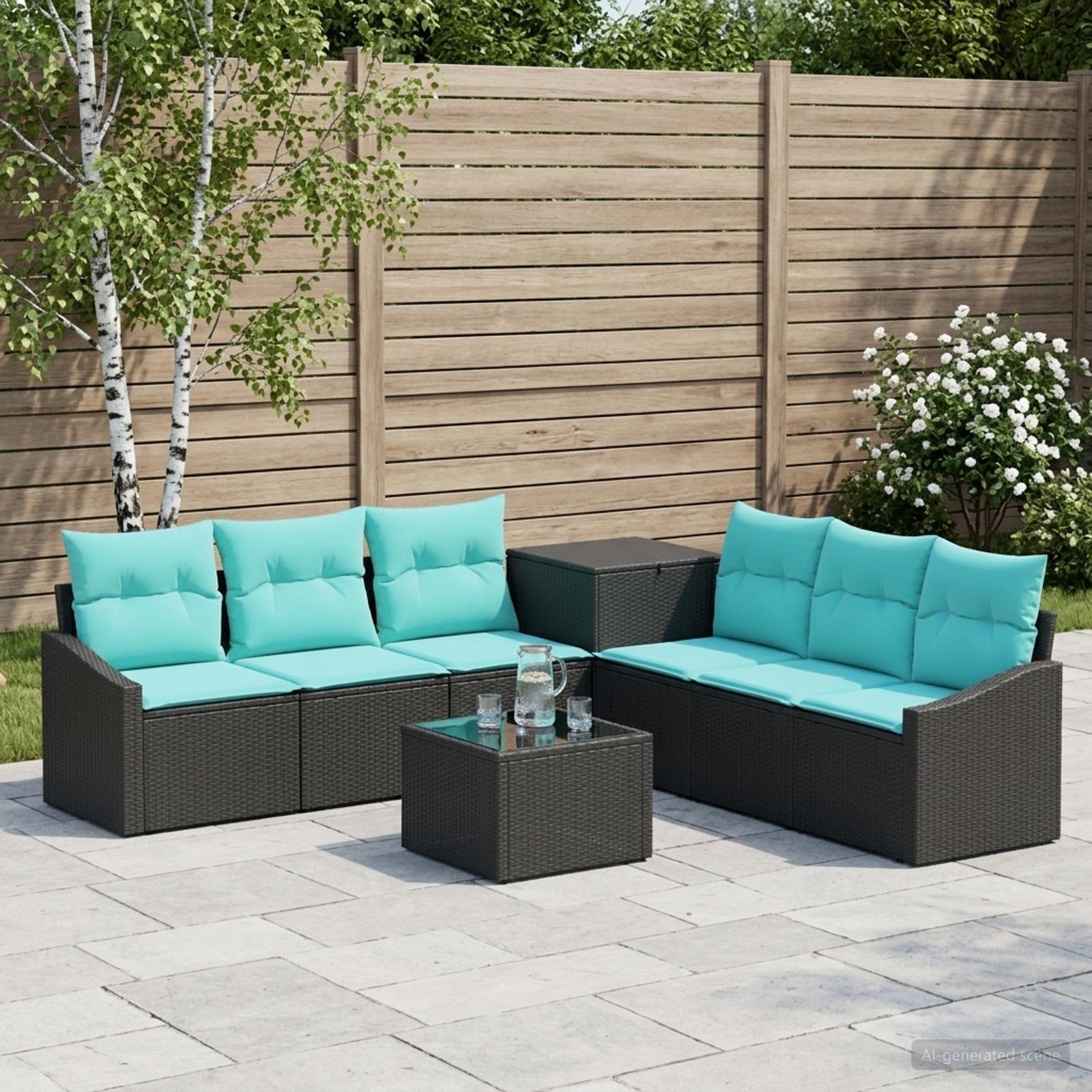 vidaXL Bankstel 8 st Zwart en Blauw Poly Rattan en Staal