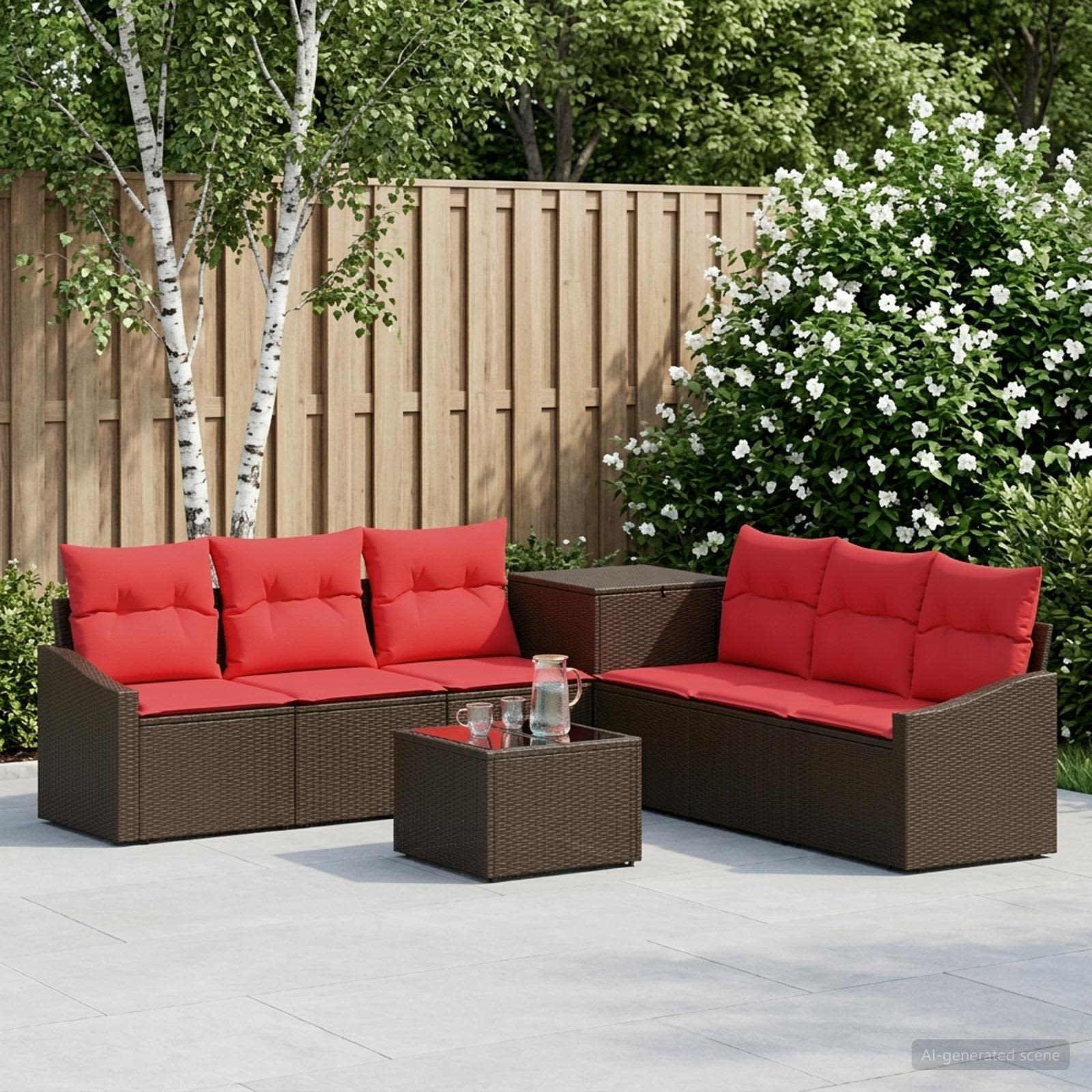 Bankstel 8 st Bruin en Rood Poly Rattan en Staal