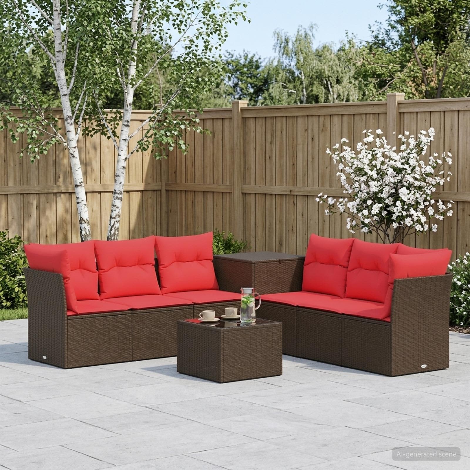 vidaXL Bankstel 8 st Bruin en Rood Poly Rattan en Staal