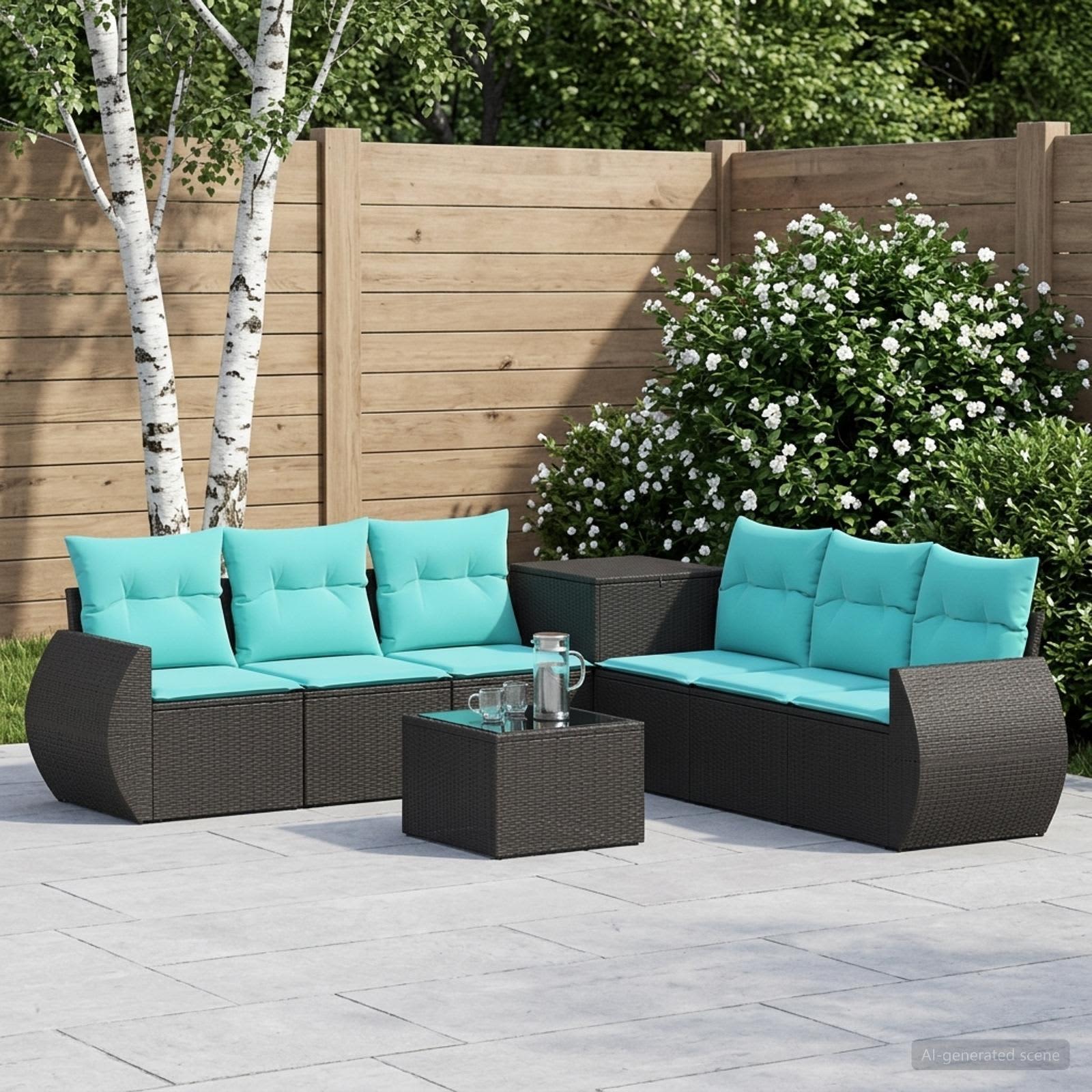 vidaXL Bankstel 8 st Zwart en Blauw Poly Rattan en Staal