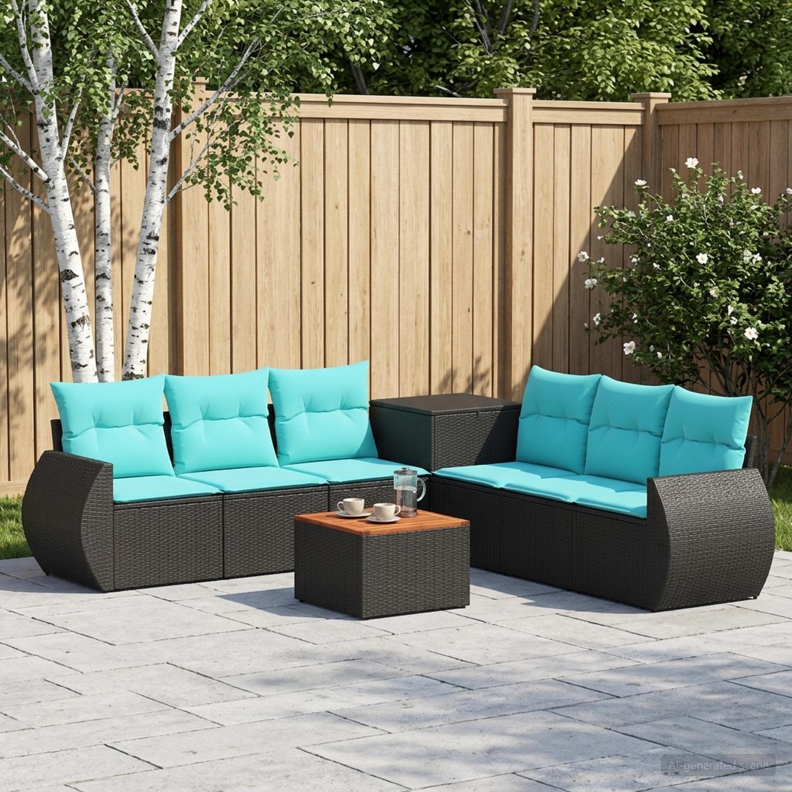 vidaXL Bankstel 8 st Zwart en Blauw Poly Rattan en Staal