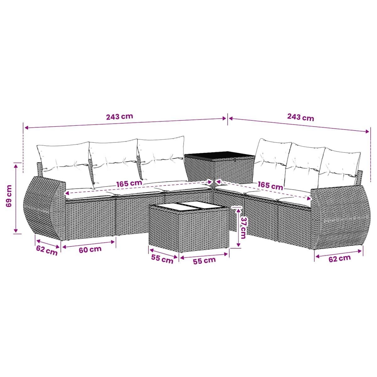 Sofa Sæt 8 stk. 55 x 55 x 37 cm Poly Rattan og Stål - Billede 11