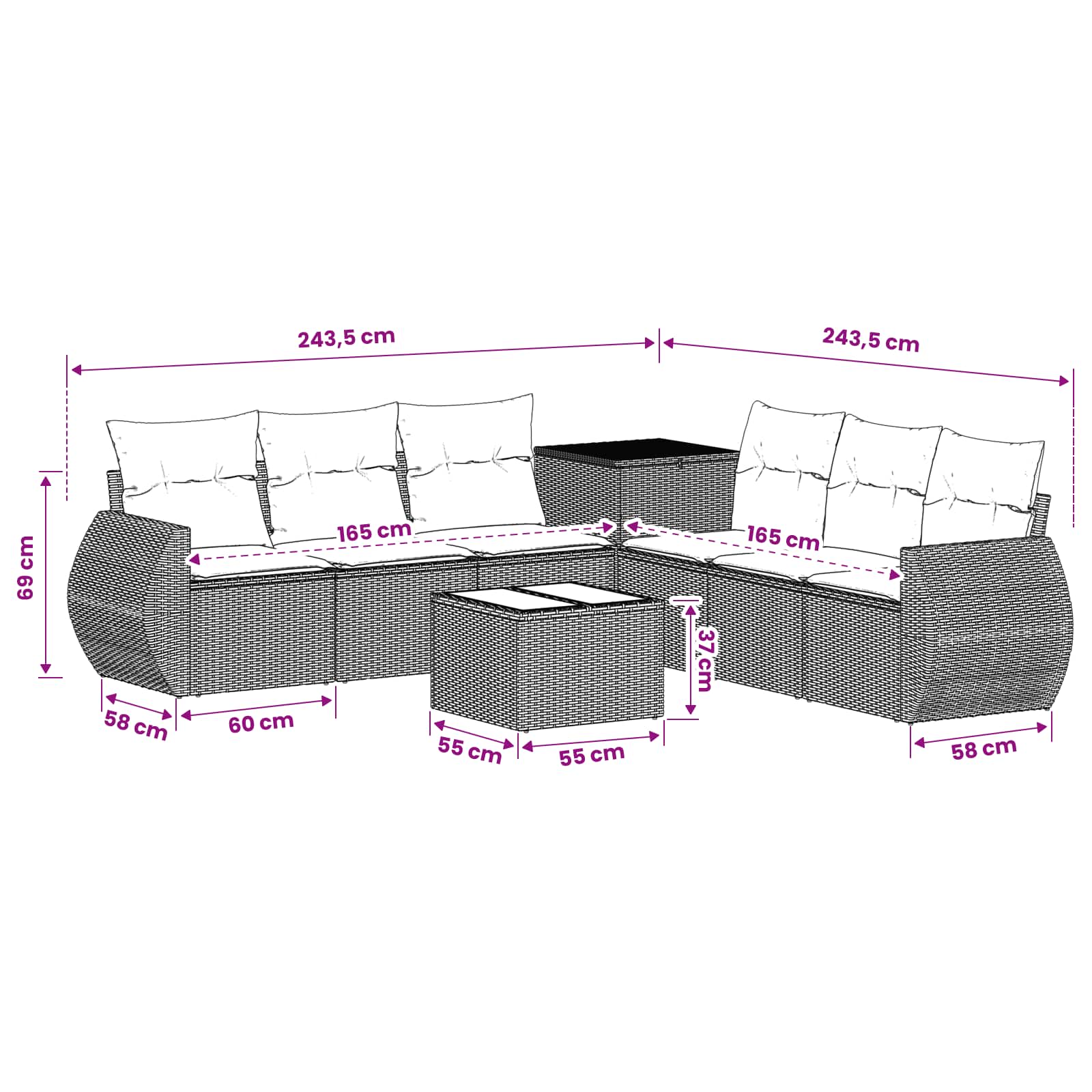 vidaXL Bankstel 8 st Beige en Crème Wit Poly Rattan en Staal