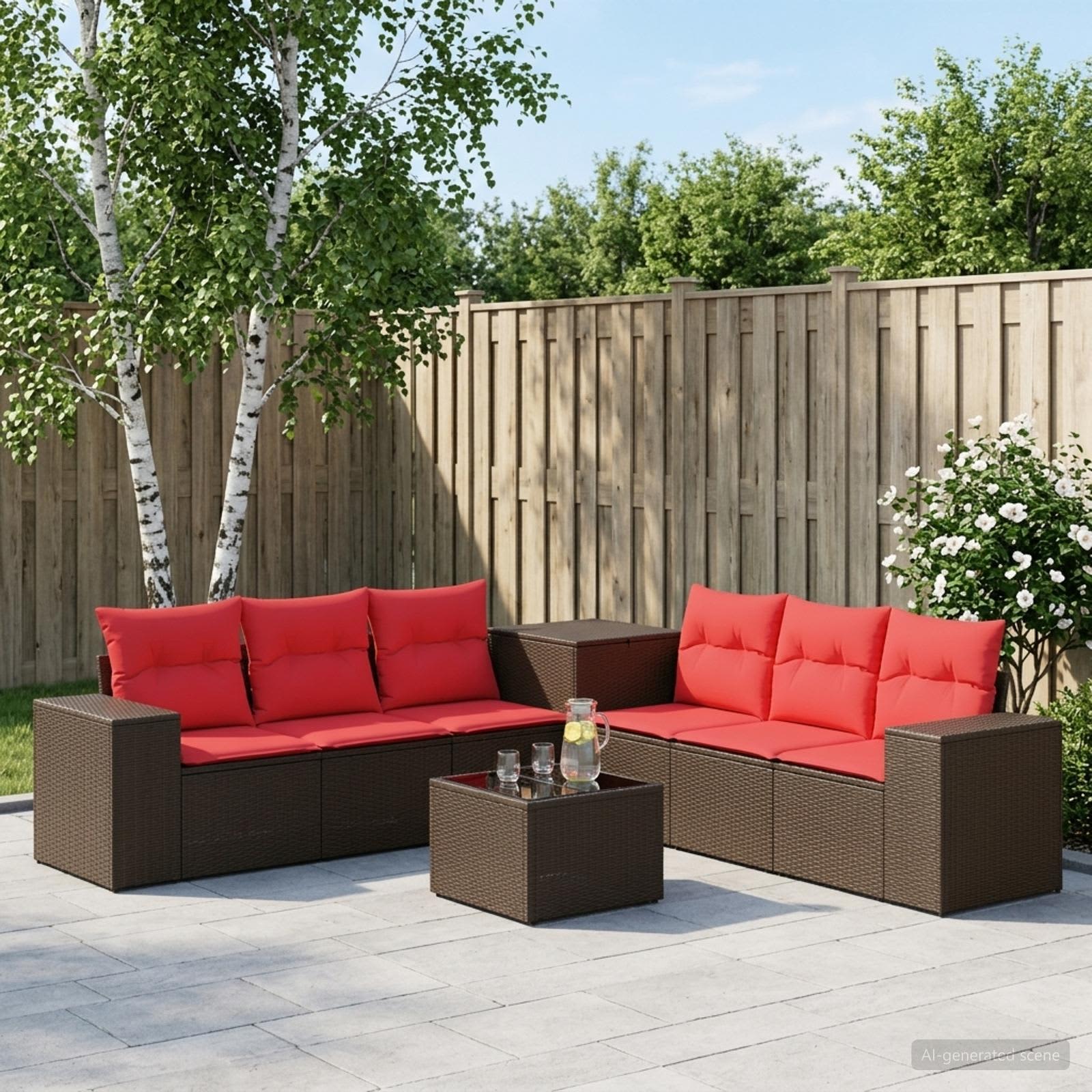 vidaXL Bankstel 8 st Bruin en Rood Poly Rattan en Staal