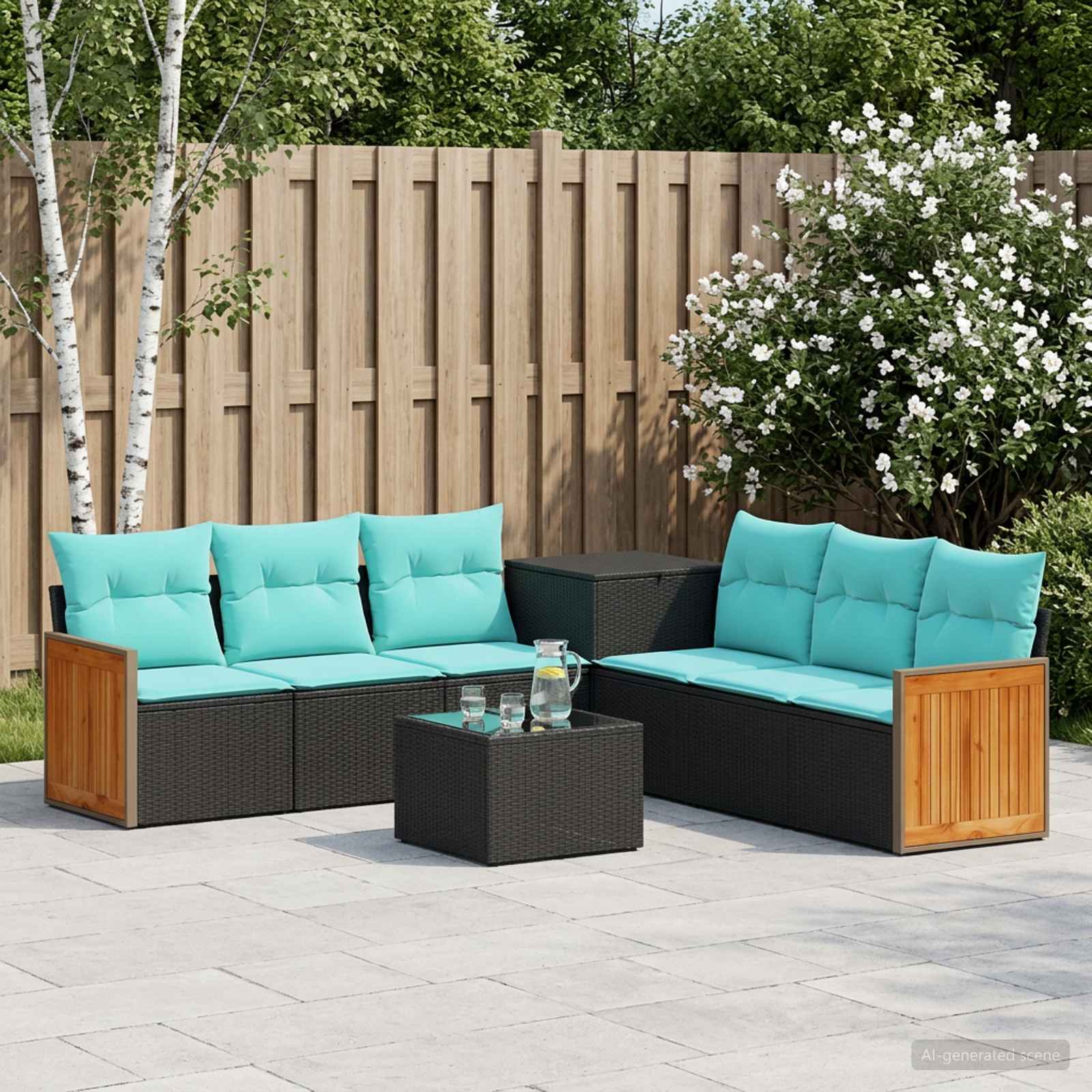 vidaXL Bankstel 8 st Zwart en Blauw Poly Rattan en Staal