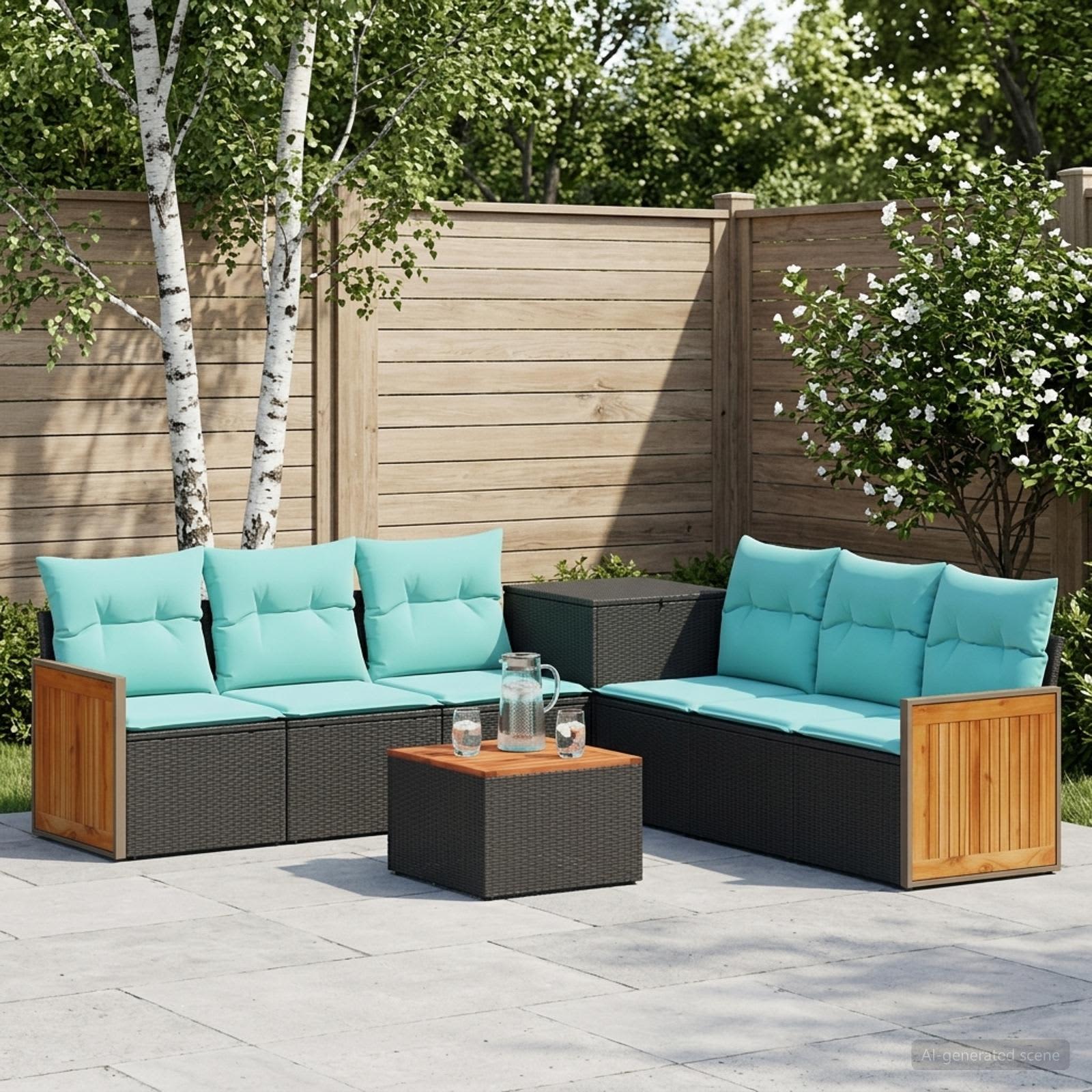 vidaXL Bankstel 8 st Zwart en Blauw Poly Rattan en Staal
