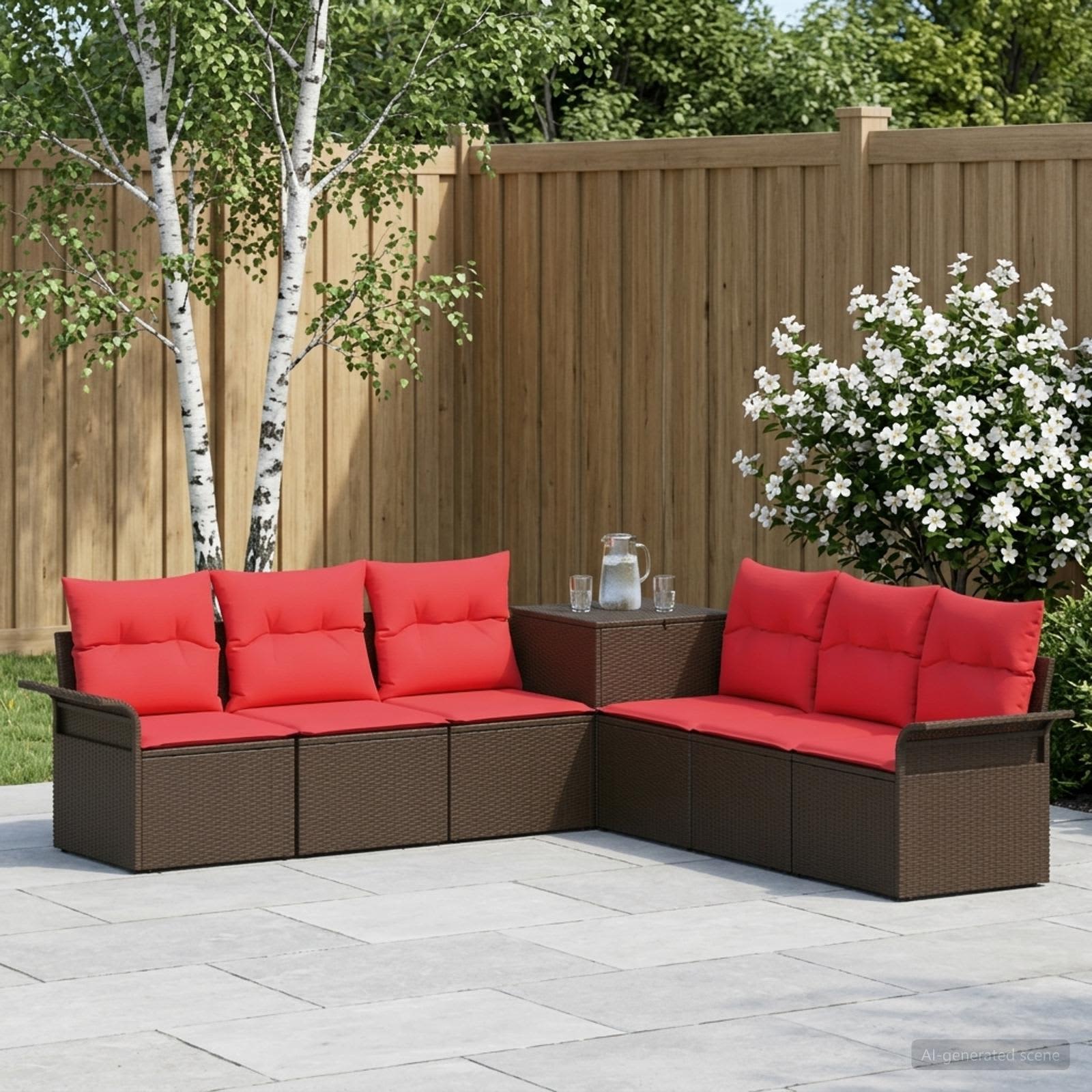 Bankstel 7 st Bruin en Rood Poly Rattan en Staal