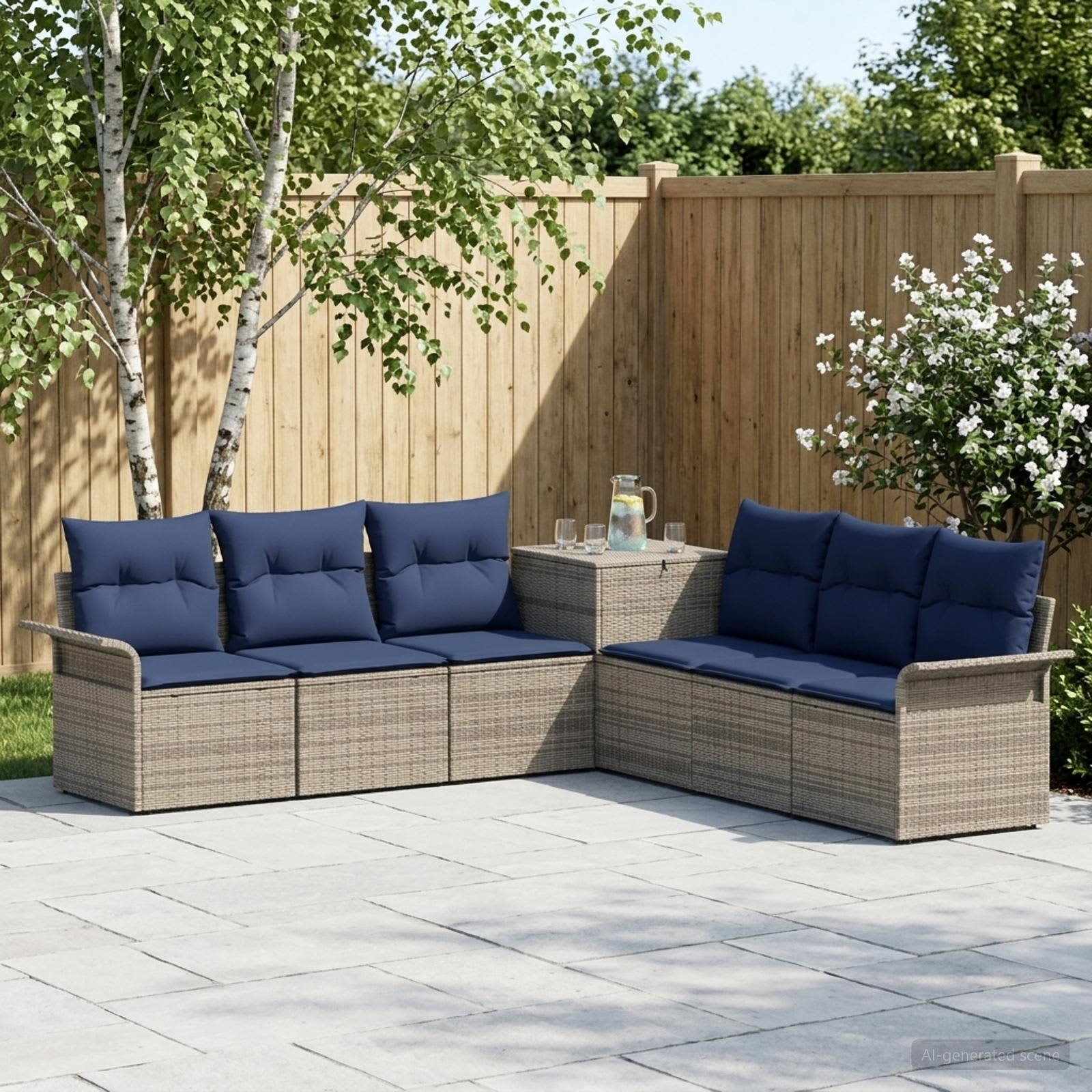 vidaXL Bankstel 7 st Grijs en Marineblauw Poly Rattan en Staal