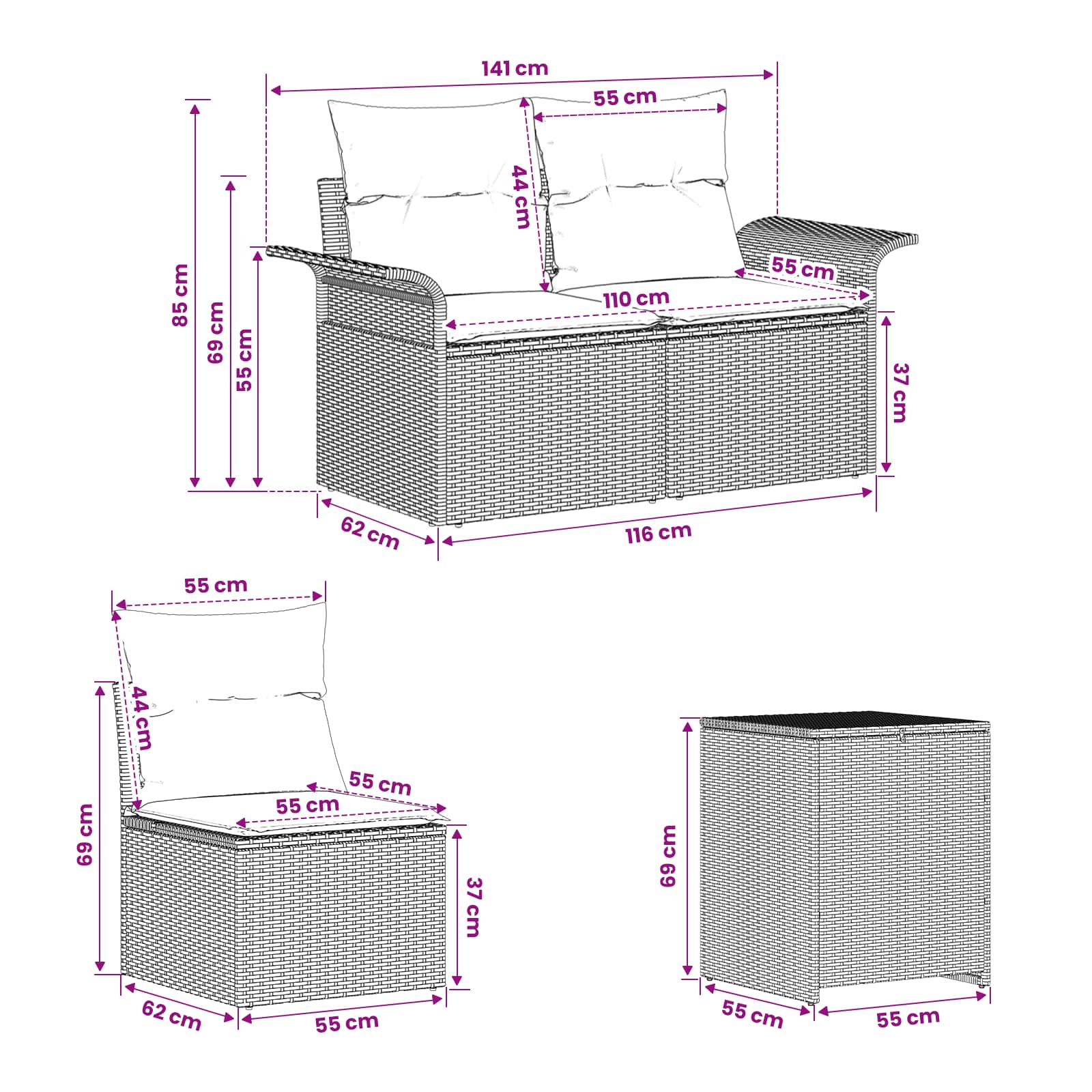 vidaXL Bankstel 7 st Beige en Crème Wit Poly Rattan en Staal