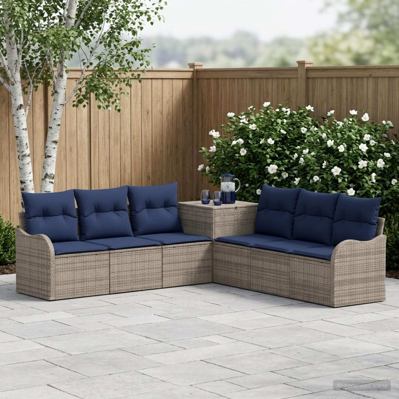 vidaXL Bankstel 7 st Grijs en Marineblauw Poly Rattan en Staal