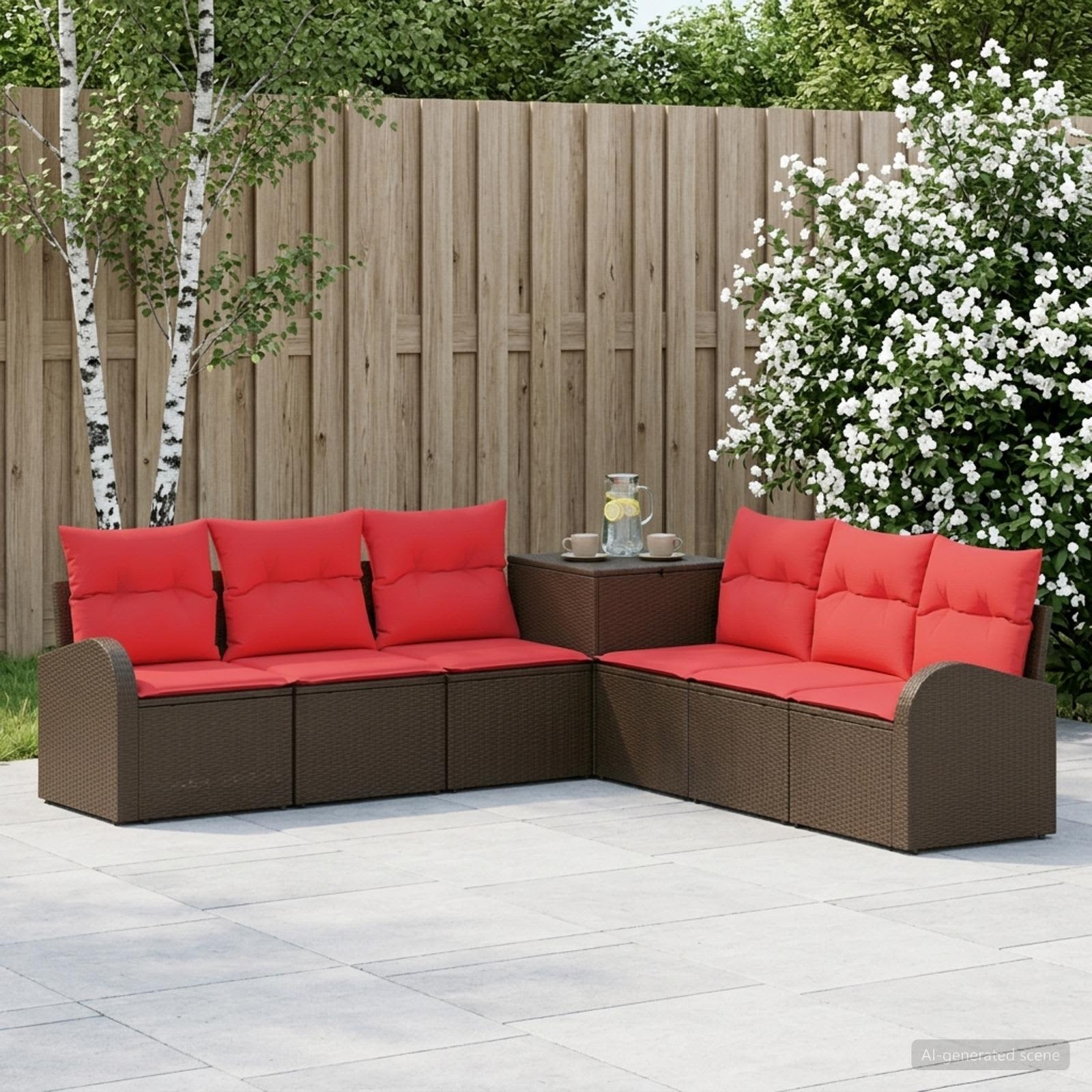 vidaXL Bankstel 7 st Bruin en Rood Poly Rattan en Staal