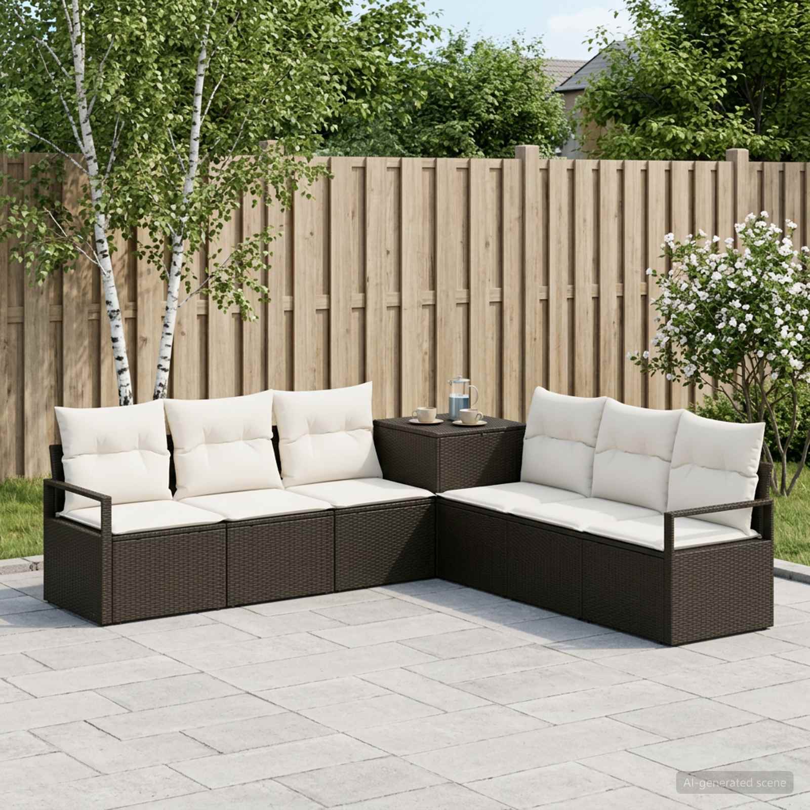 vidaXL Bankstel 7 st Zwart en Cream Wit Poly Rattan en Staal