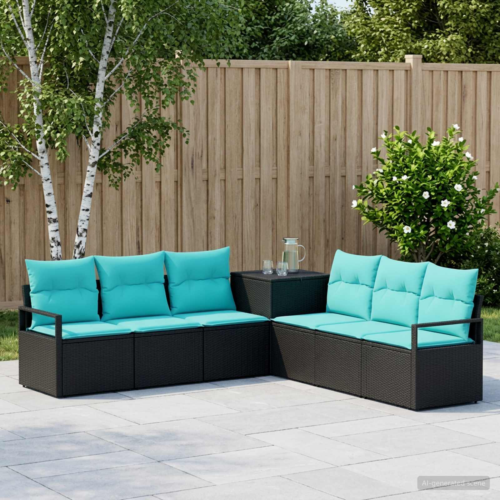 vidaXL Bankstel 7 st Zwart en Blauw Poly Rattan en Staal