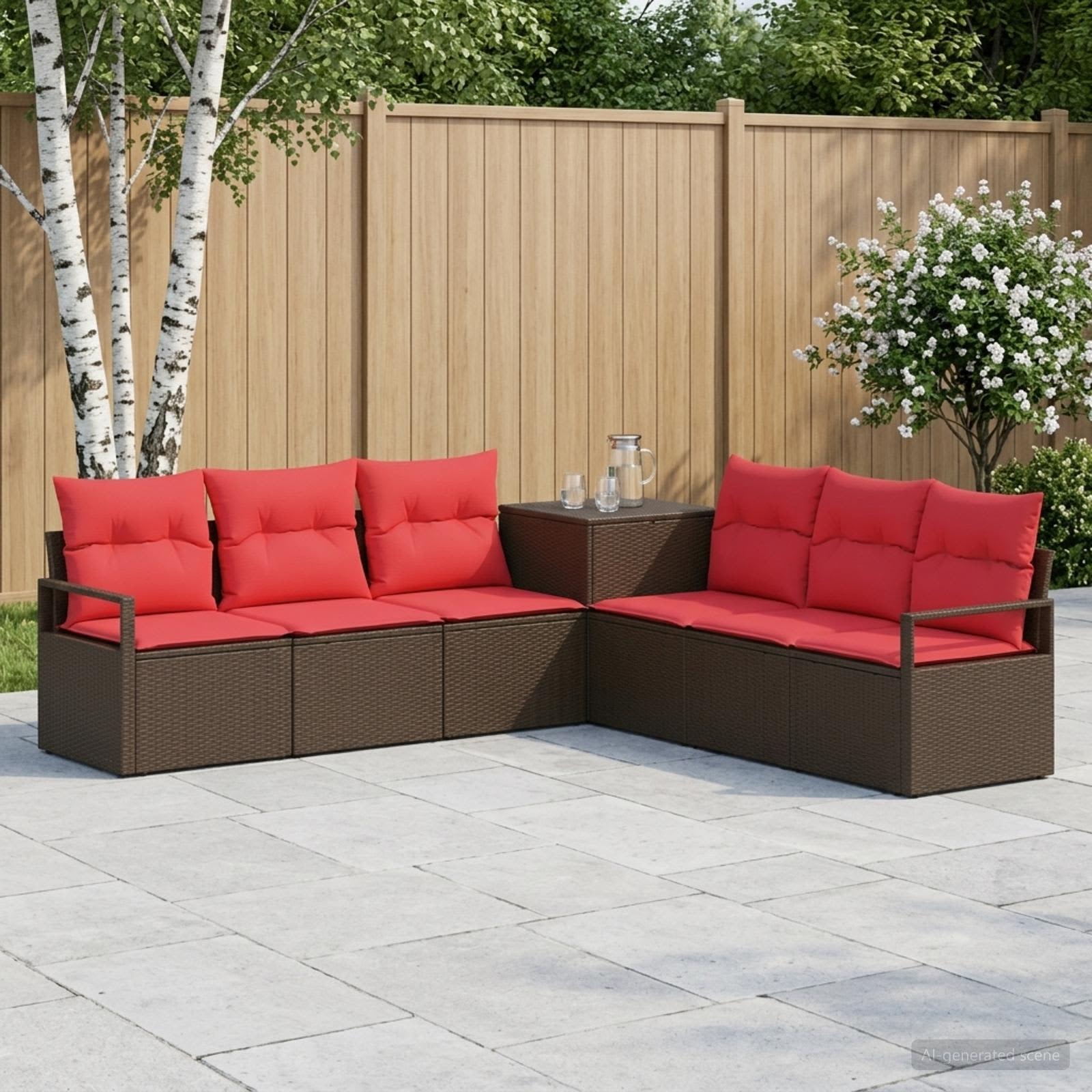 vidaXL Bankstel 7 st Bruin en Rood Poly Rattan en Staal