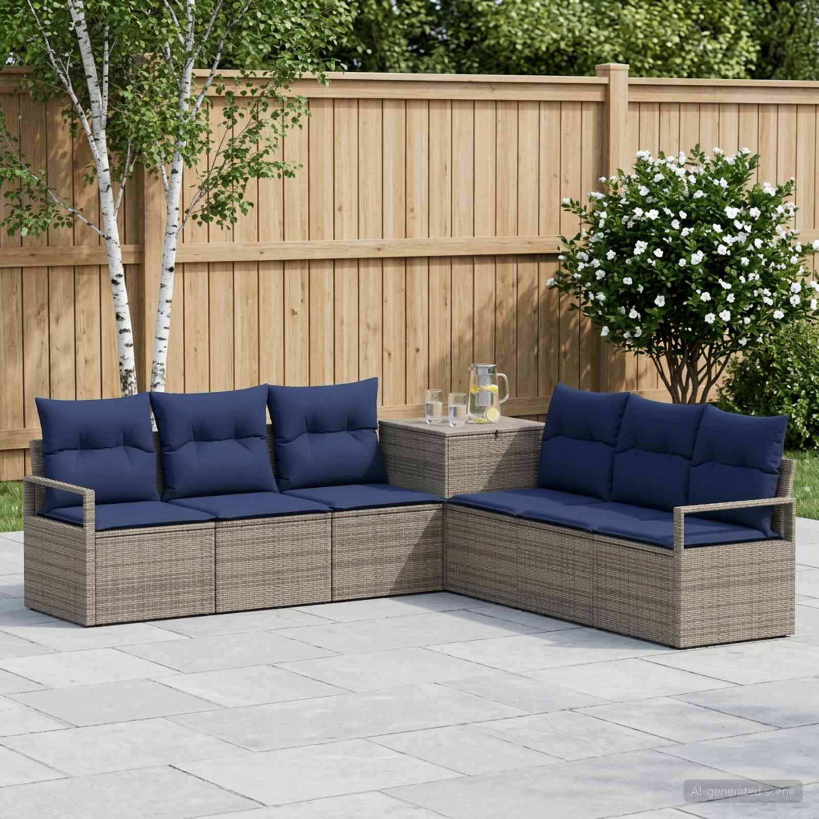 vidaXL Bankstel 7 st Grijs en Marineblauw Poly Rattan en Staal