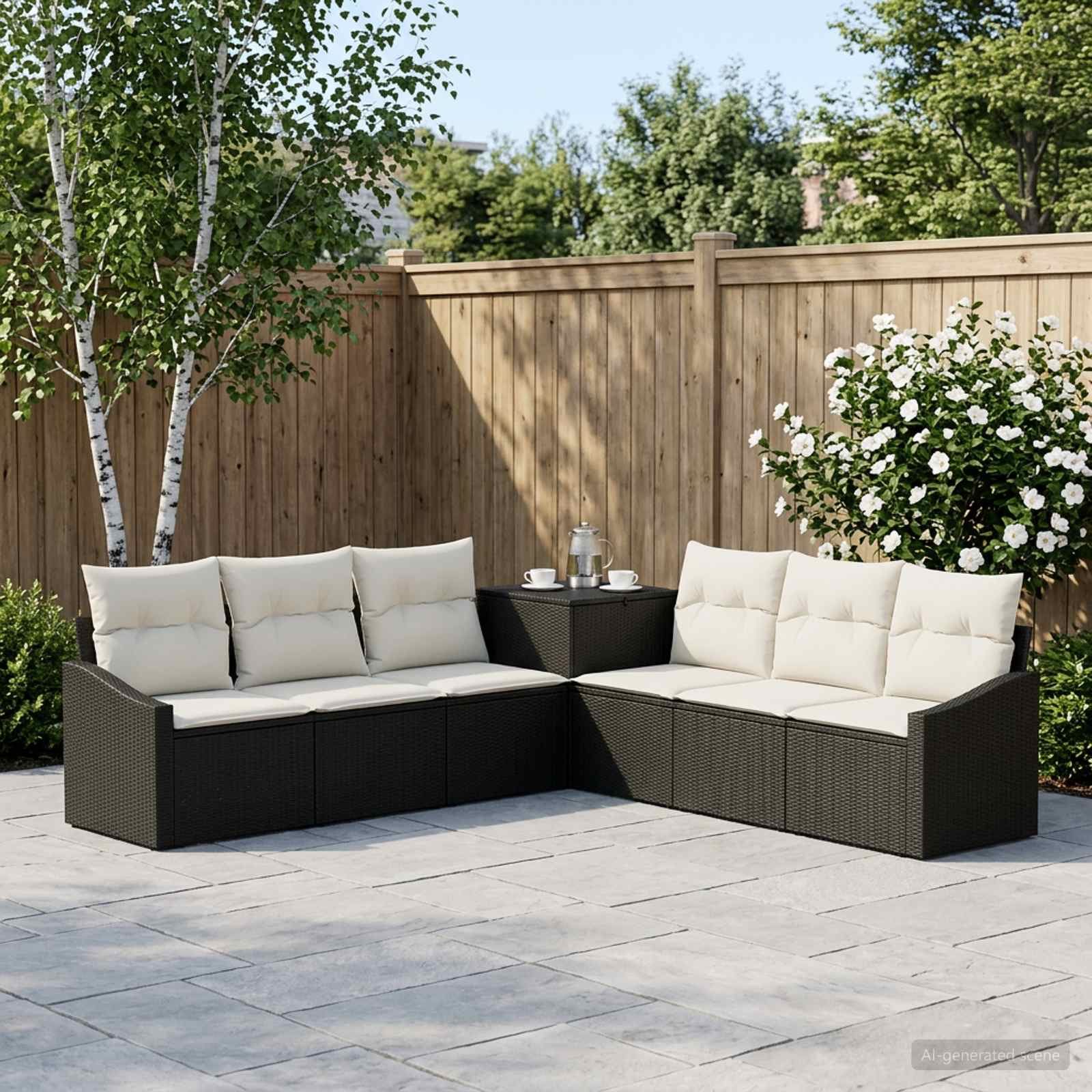 Bankstel 7 pcs Zwart en Cream Wit Poly Rattan en Staal – afbeelding 1