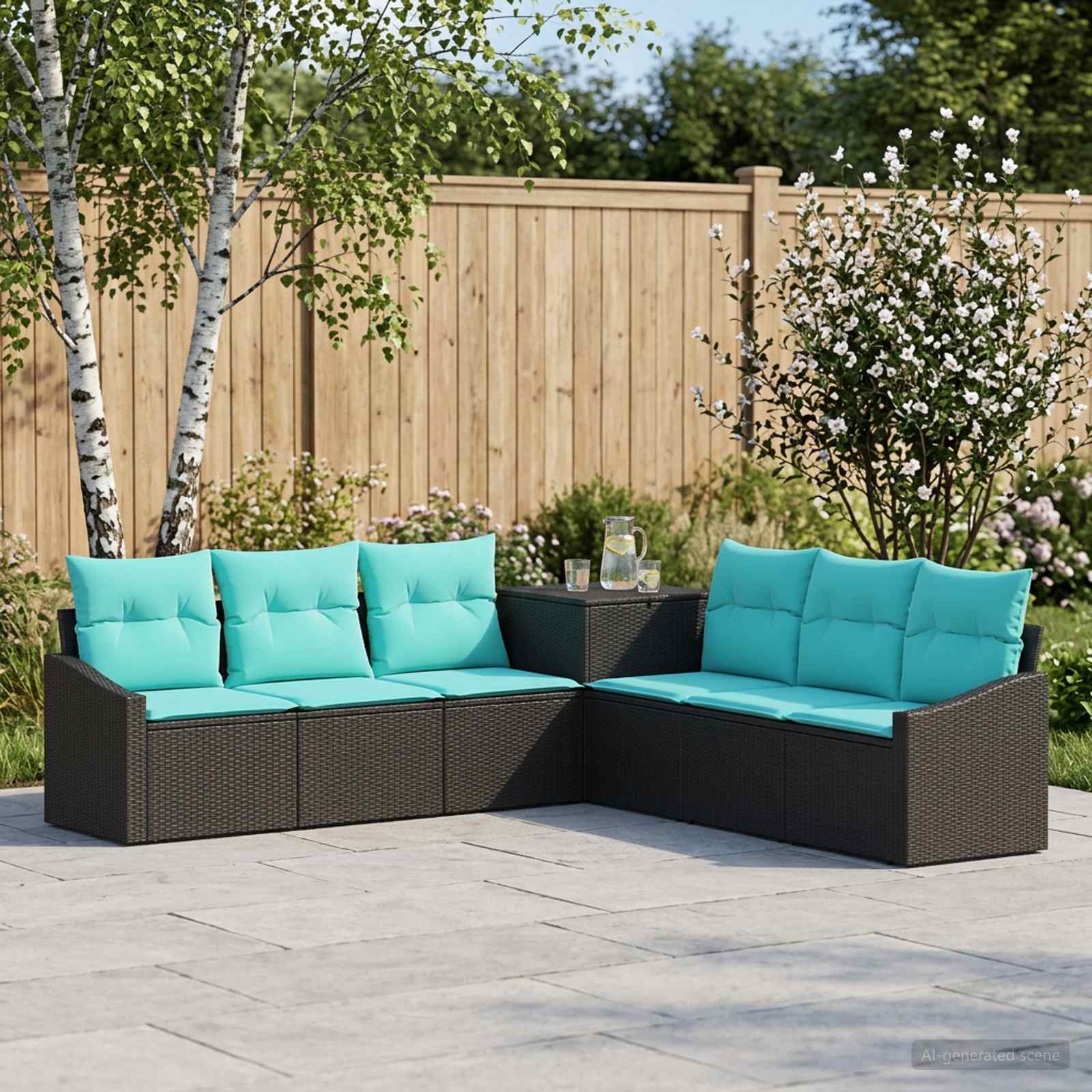 Bankstel 7 pcs Zwart en Blauw Poly Rattan en Staal – afbeelding 1